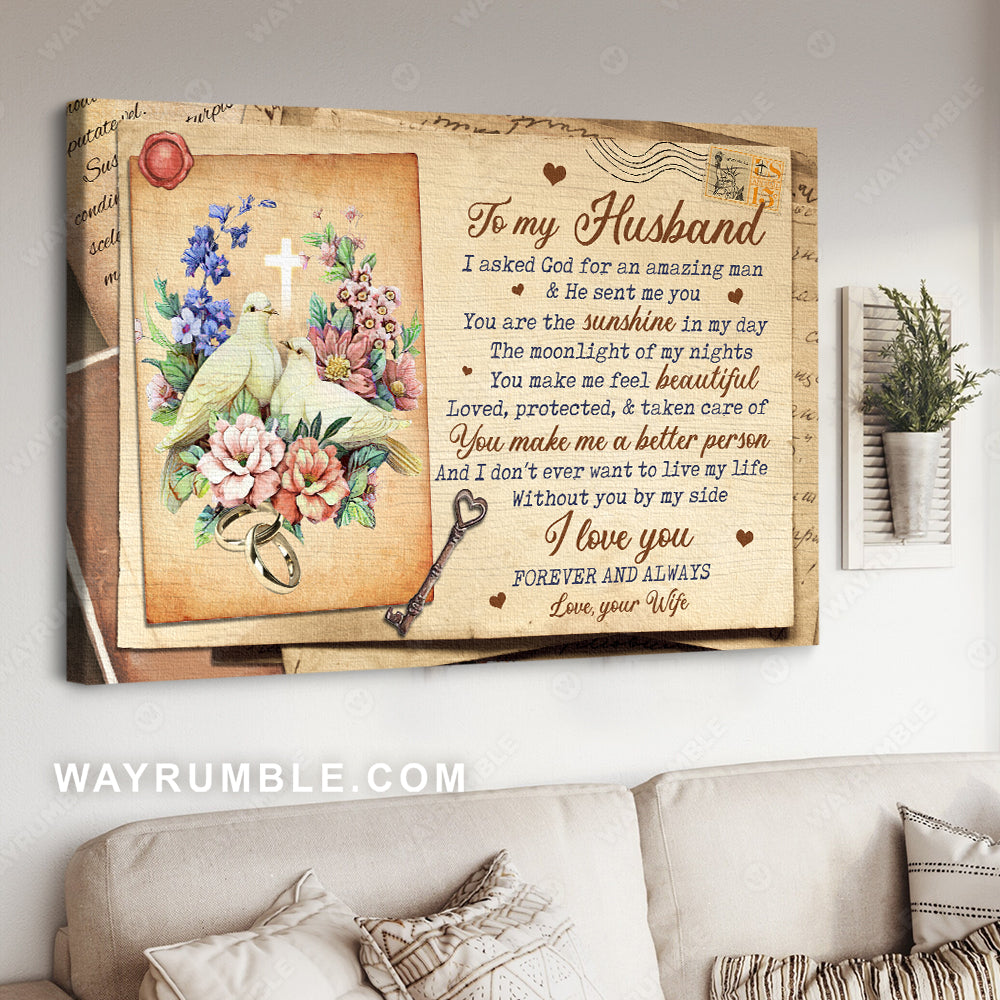 To my husband, Vintage letter, Love postcard, You are the sunshine in my day - Couple Landscape Canvas Prints, Wall Art