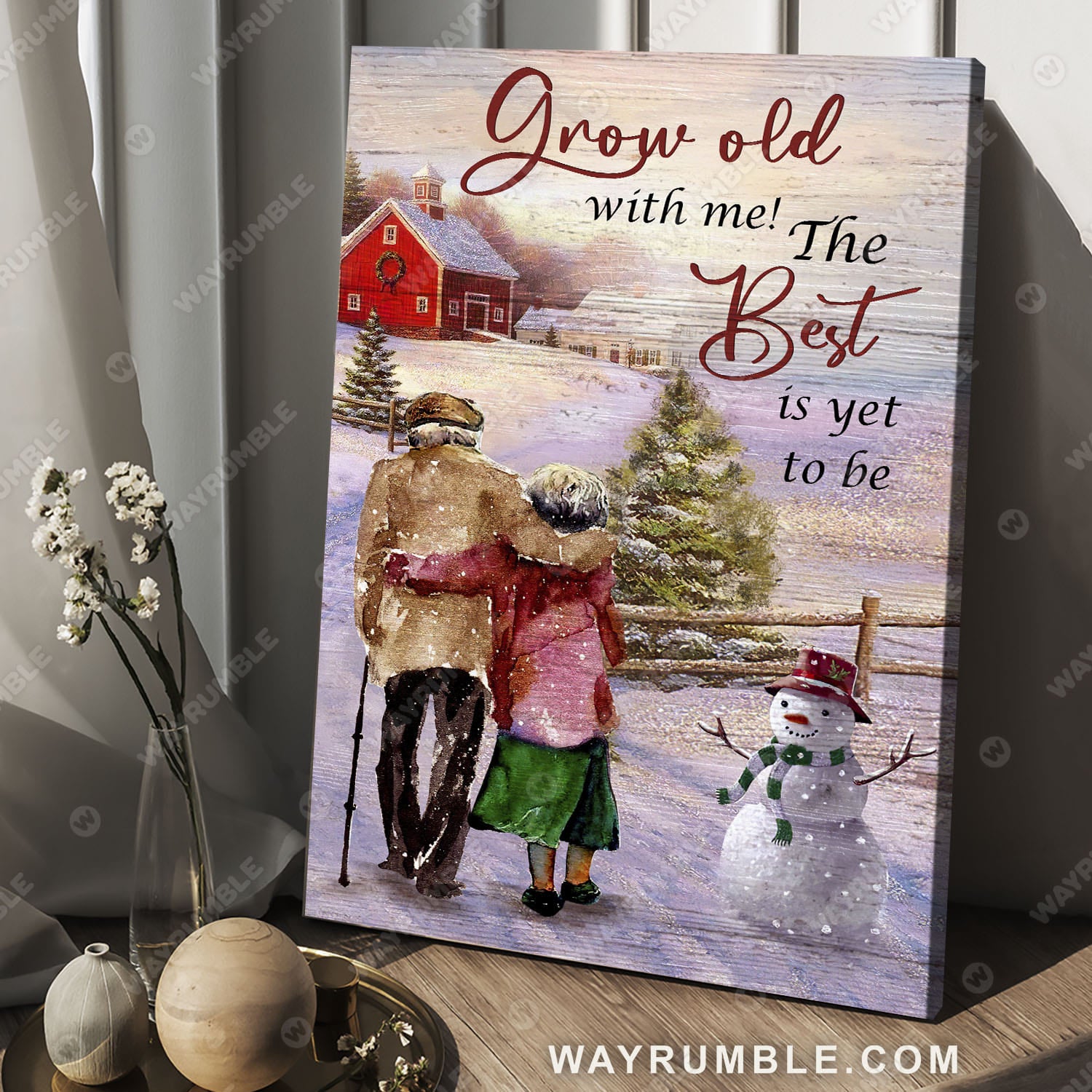 Old loving couple, Cute snowman, Small village in winter, Grow old with me, The best is yet to be - Couple Portrait Canvas Prints, Wall Art