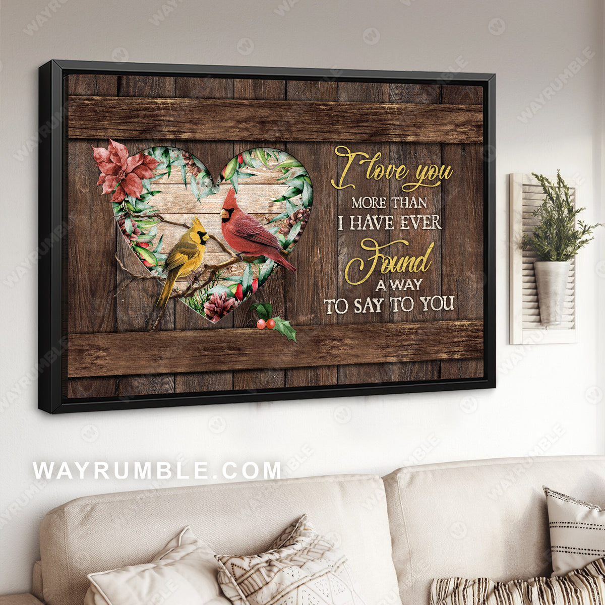 Cardinal couple, Poinsettia painting, Wooden background, I love you more than I have ever said - Couple Landscape Canvas Prints, Wall Art