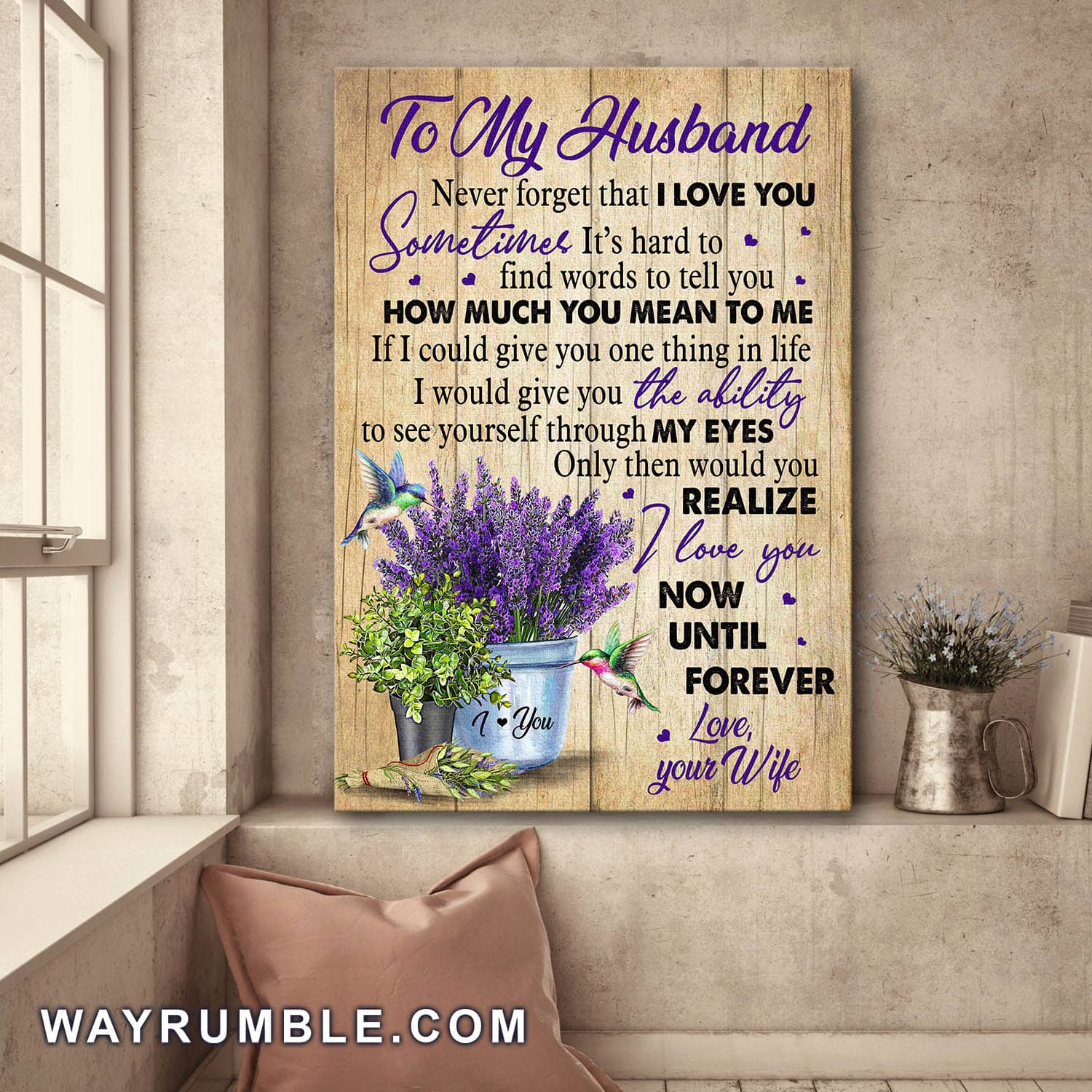 To my husband, Lavender, Hummingbird, I love you now until forever - Couple Portrait Canvas Prints, Wall Art