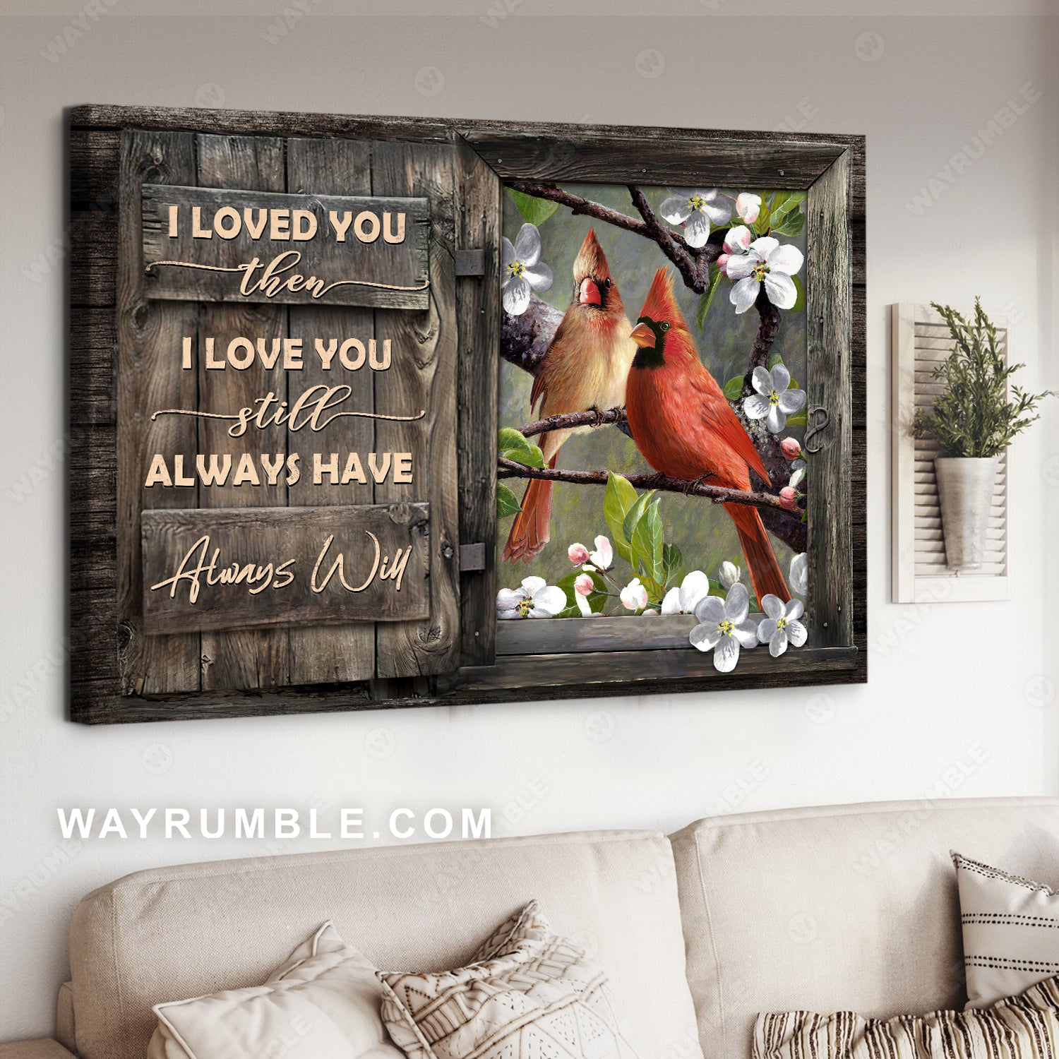 Male and female cardinal, Jasmine flower, Wood window, I loved you then - Couple Landscape Canvas Prints, Wall Art