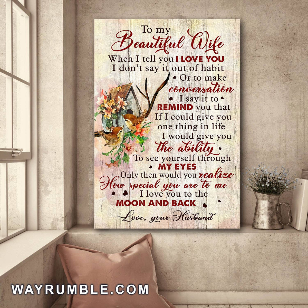 To my wife, Birdhouse, Flower, I love you to the moon and back - Couple Portrait Canvas Prints, Wall Art