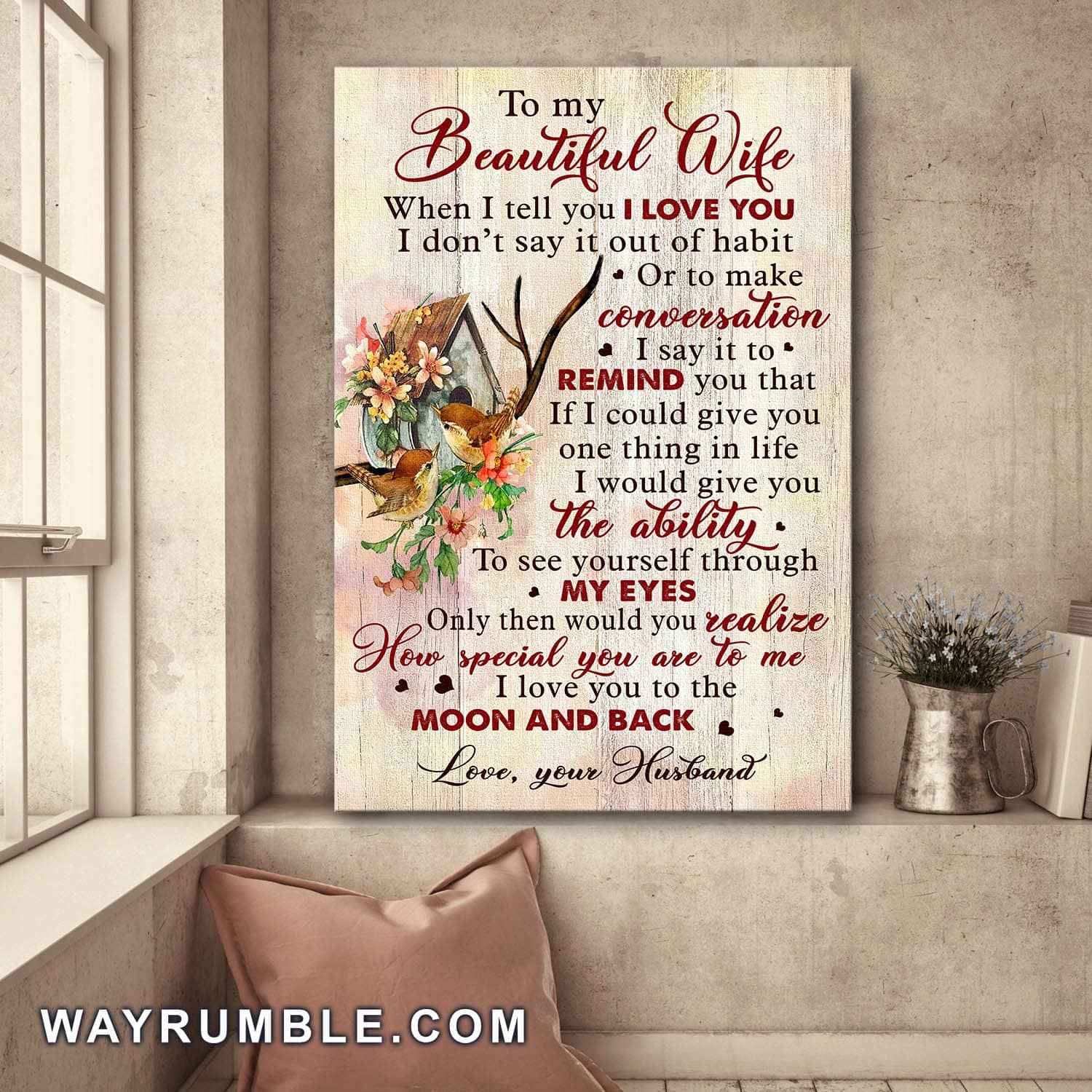To my wife, Birdhouse, Flower, I love you to the moon and back - Couple Portrait Canvas Prints, Wall Art