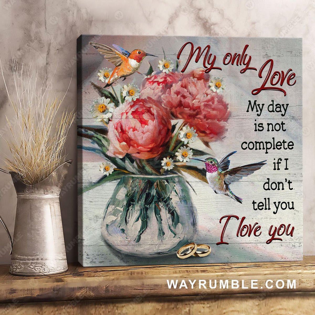 Peony flower, Still painting, Hummingbird, Couple rings, My day is not complete if I don&#39;t tell you I love you - Couple Square Canvas Prints, Wall Art