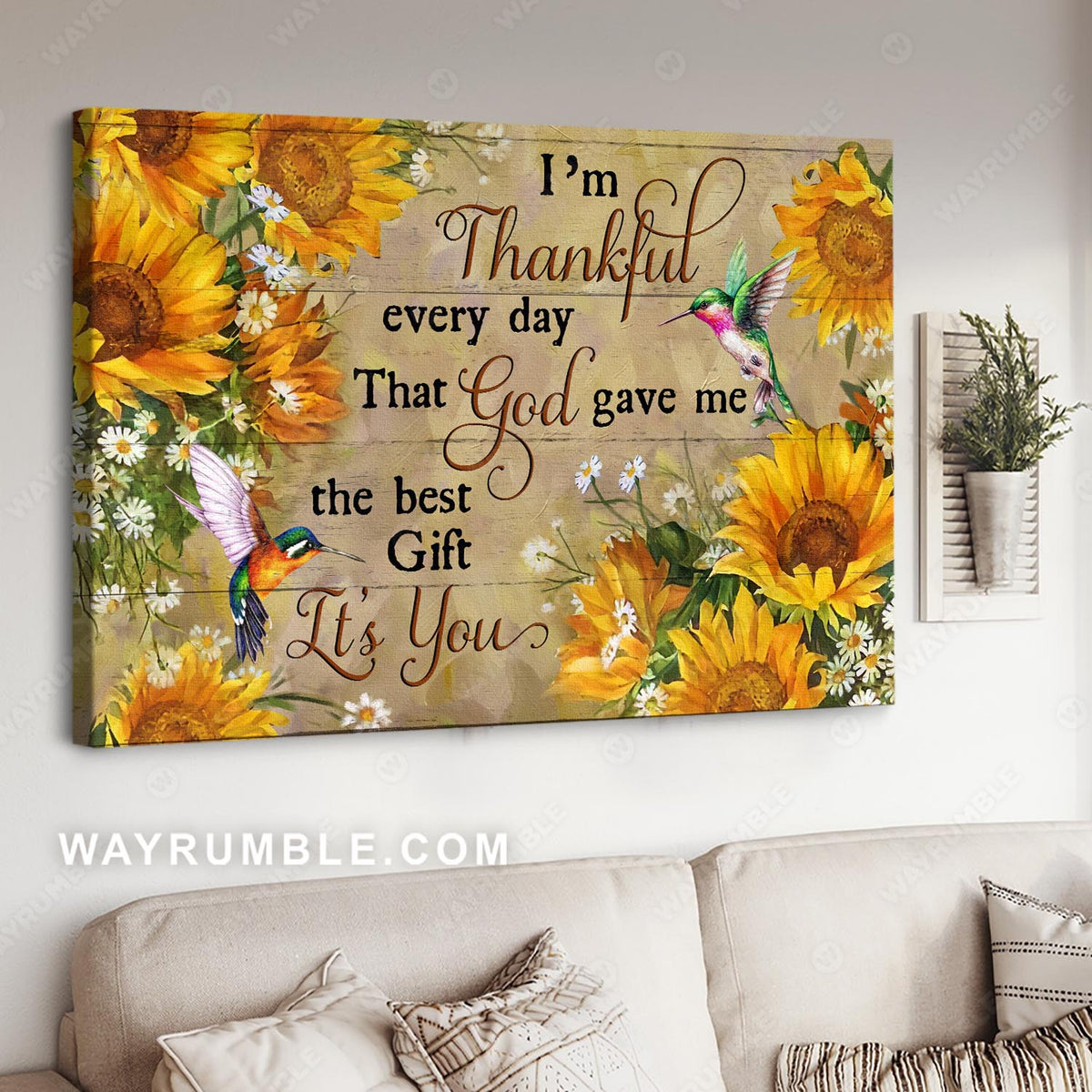 Sunflower painting, Hummingbird, I&#39;m thankful every day that  God gave me you - Couple Landscape Canvas Prints, Wall Art