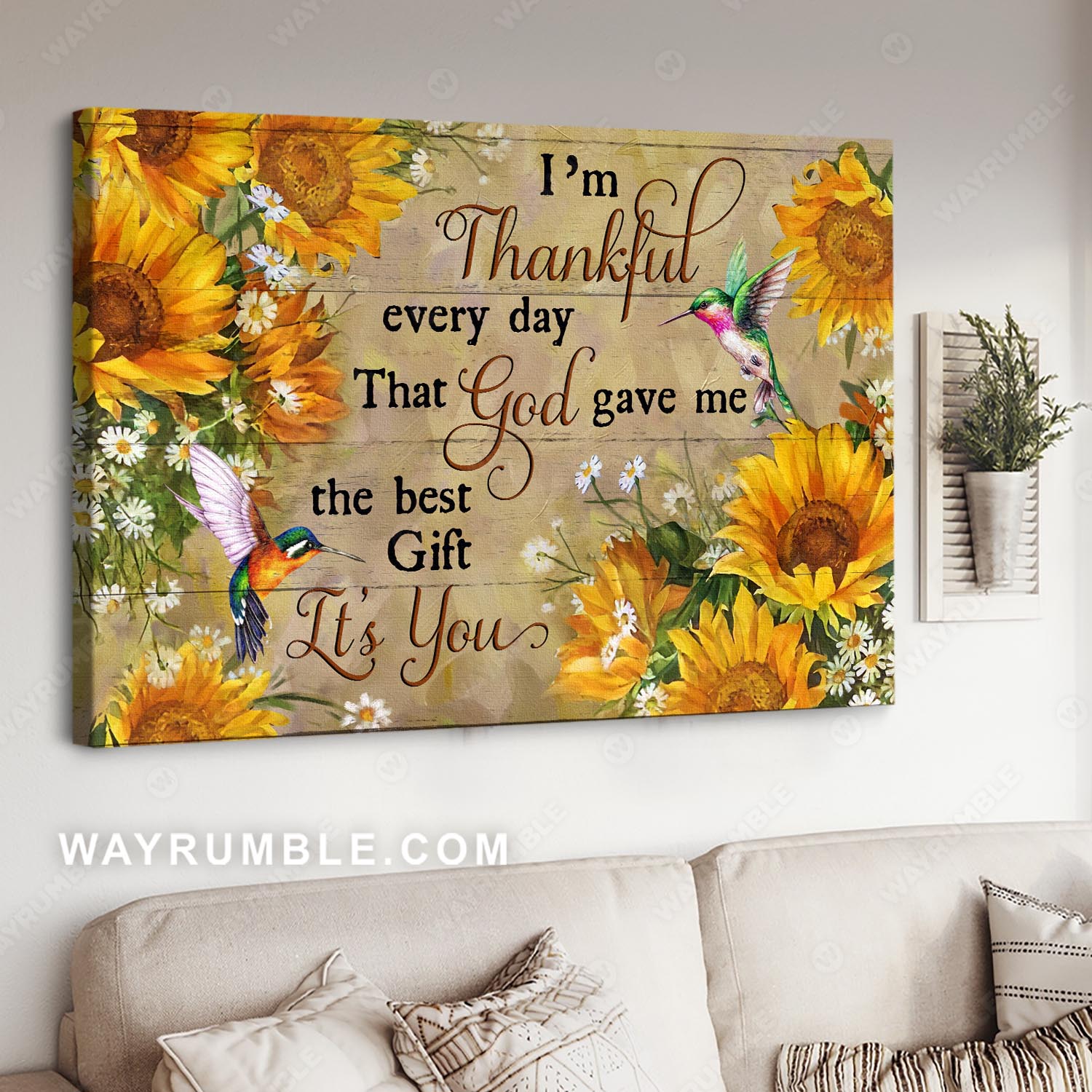 Sunflower painting, Hummingbird, I'm thankful every day that  God gave me you - Couple Landscape Canvas Prints, Wall Art