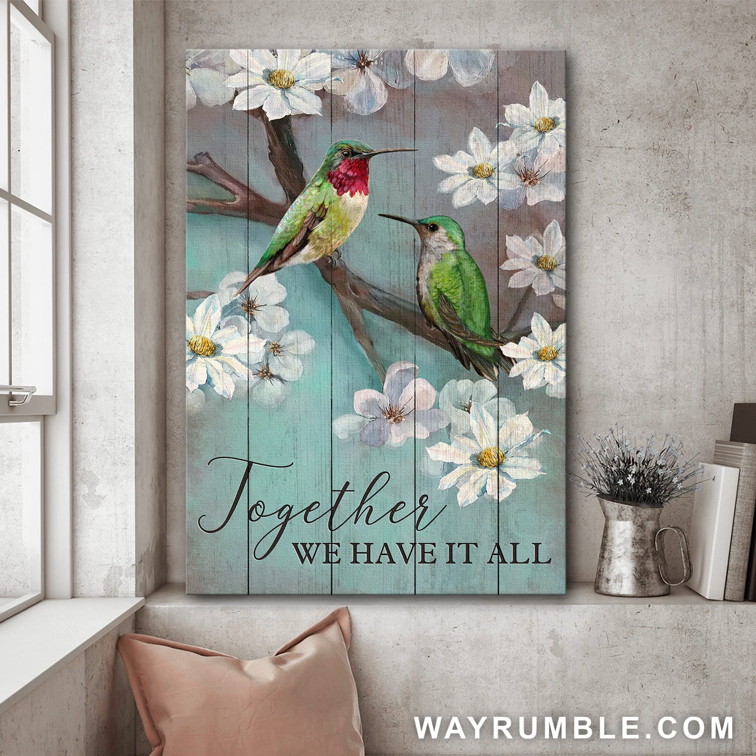Hummingbird couple, Tree branch, White flower, Together we have it all - Couple Portrait Canvas Prints, Wall Art