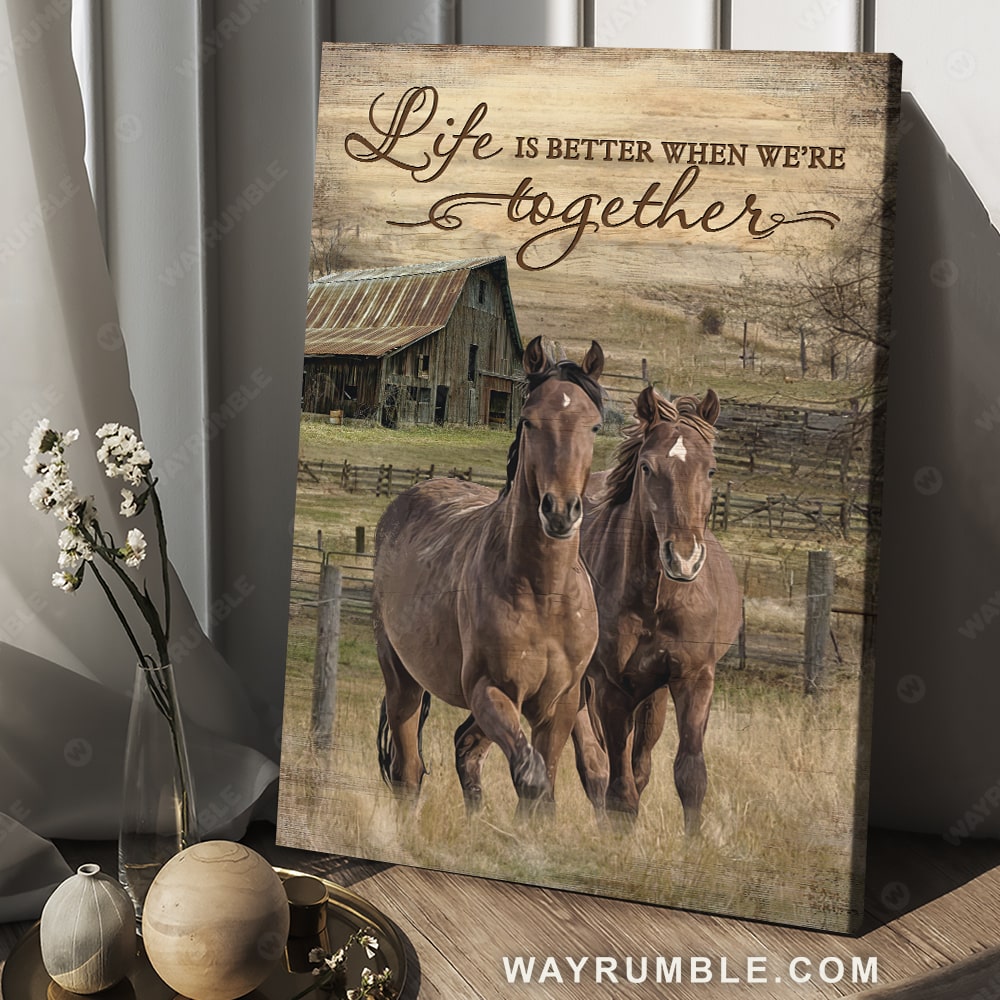 Running horse, Meadow land, Yellow sunset, Life is better when we're together - Couple Portrait Canvas Prints, Wall Art