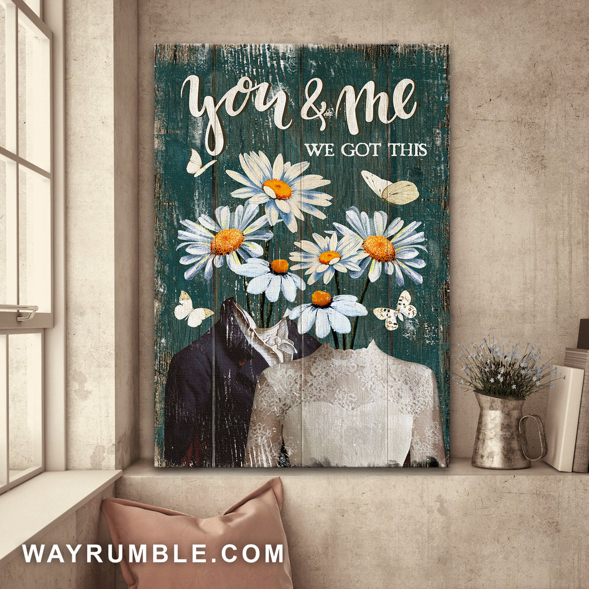 Wedding day, Daisy flower, White butterfly, You and me we got this - Couple Portrait Canvas Prints, Wall Art