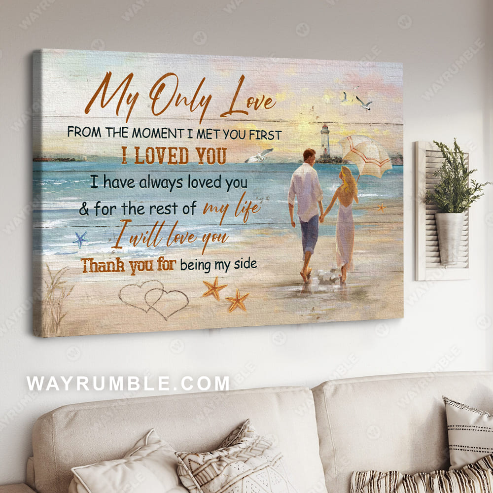 Couple walking, Beautiful beach, Pink sunset, Thank you for being my side - Couple Landscape Canvas Prints, Wall Art