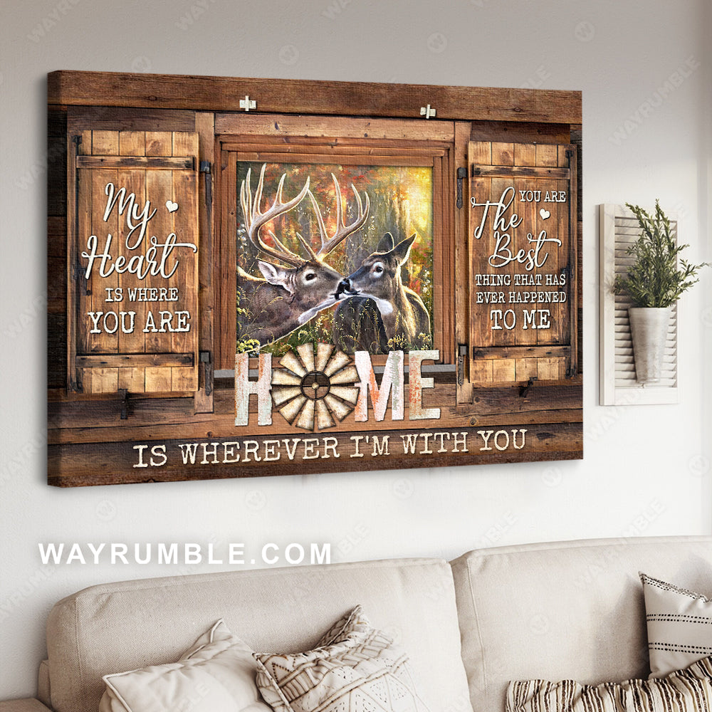 Deer painting, In the forest, Wooden window, Home is wherever I'm with you - Couple Landscape Canvas Prints, Wall Art