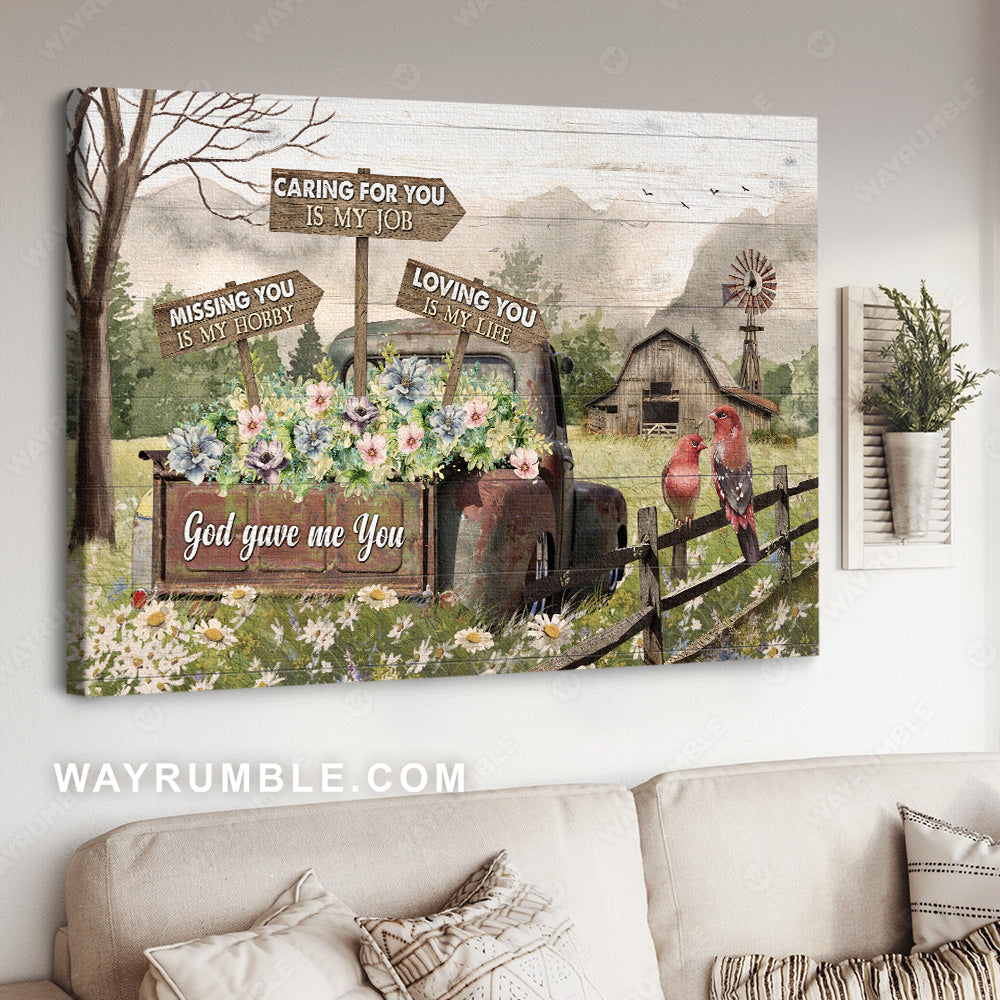 Pastel flower garden, Daisy field, Red cardinal, Missing you is my hobby - Couple Landscape Canvas Prints, Wall Art