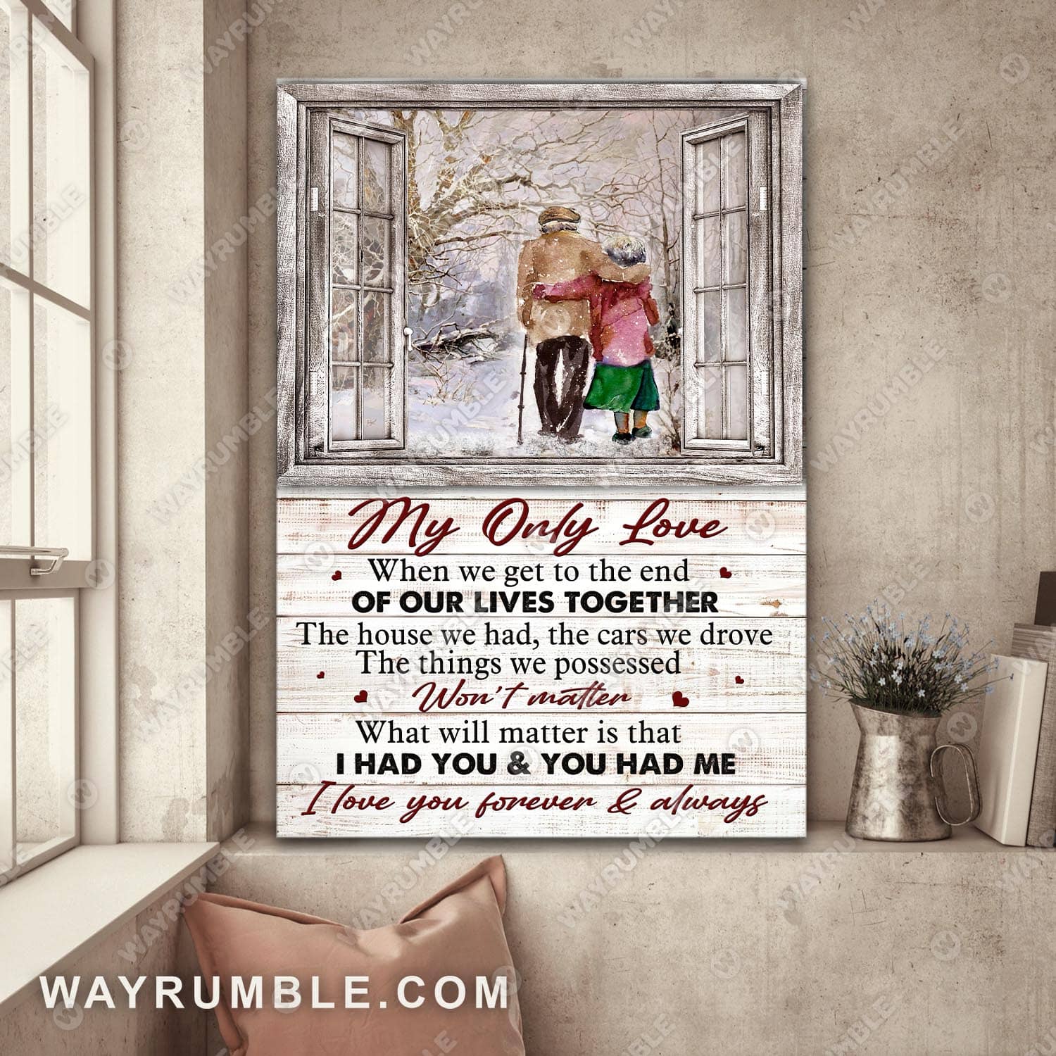 Old couple walking, Winter painting, I love you forever and always - Couple Portrait Canvas Prints, Wall Art