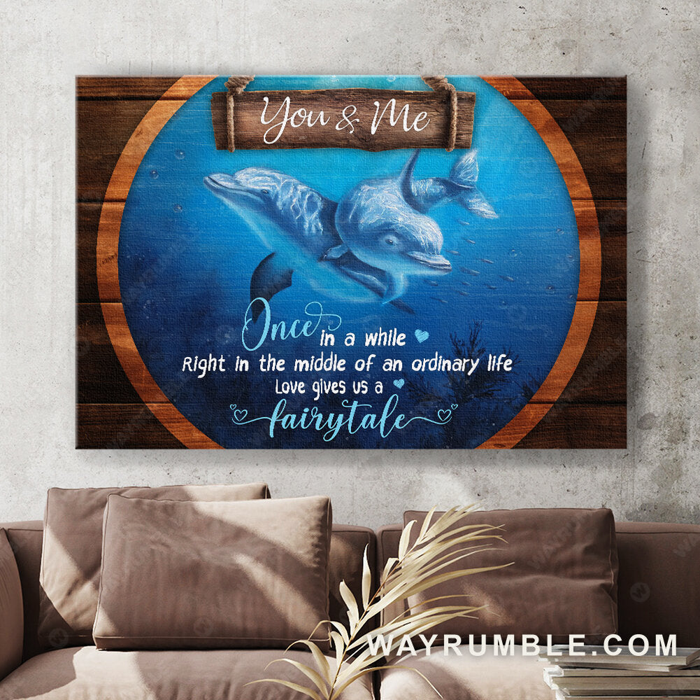 Dolphin drawing, Blue ocean, Circle frame, Love gives us a fairytale - Couple Landscape Canvas Prints, Wall Art