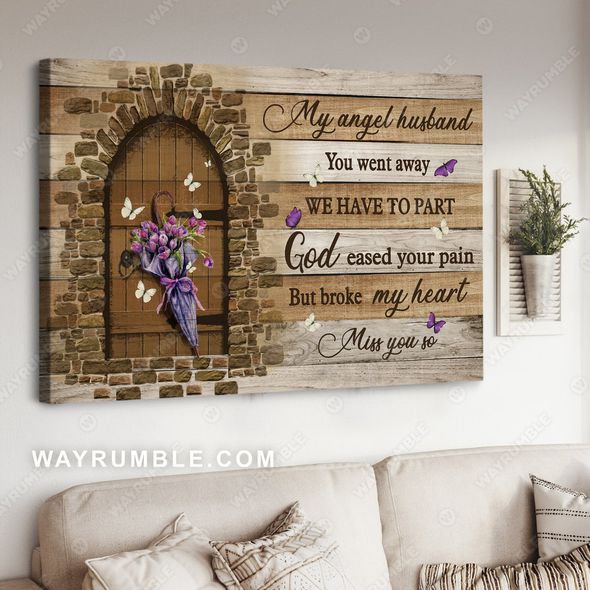 My angel husband, Old wooden door, Purple tulip flower, Umbrella, God eased your pain but broke my heart - Heaven Landscape Canvas Prints, Wall Art