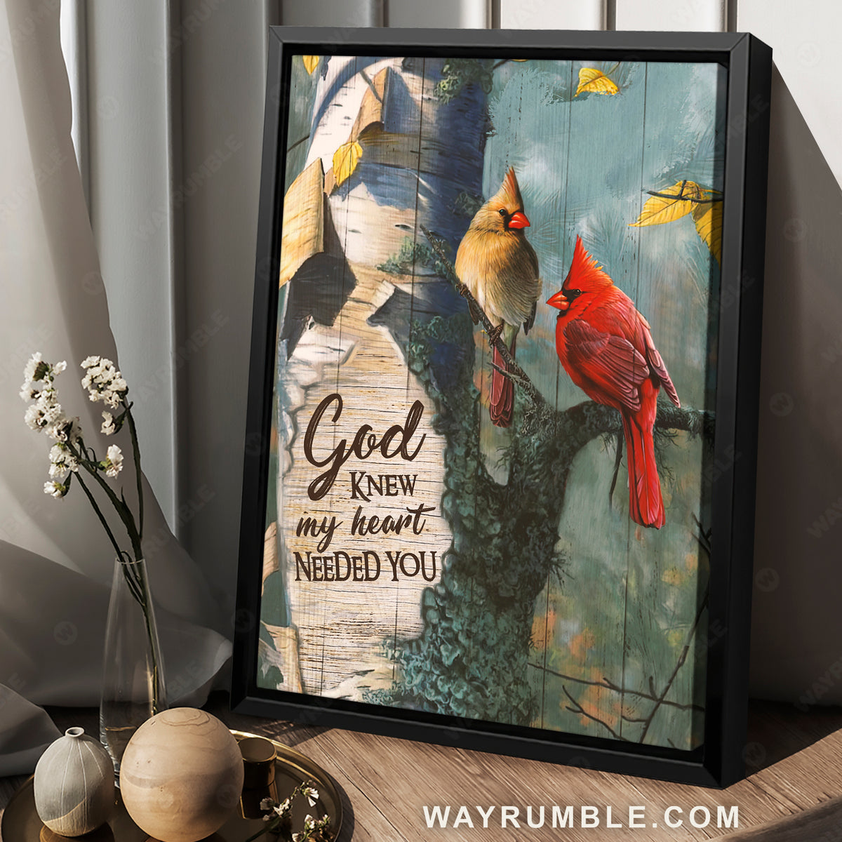 Cardinal couple, In the forest, Tree painting, God knew my heart needed you - Couple Portrait Canvas Prints, Wall Art