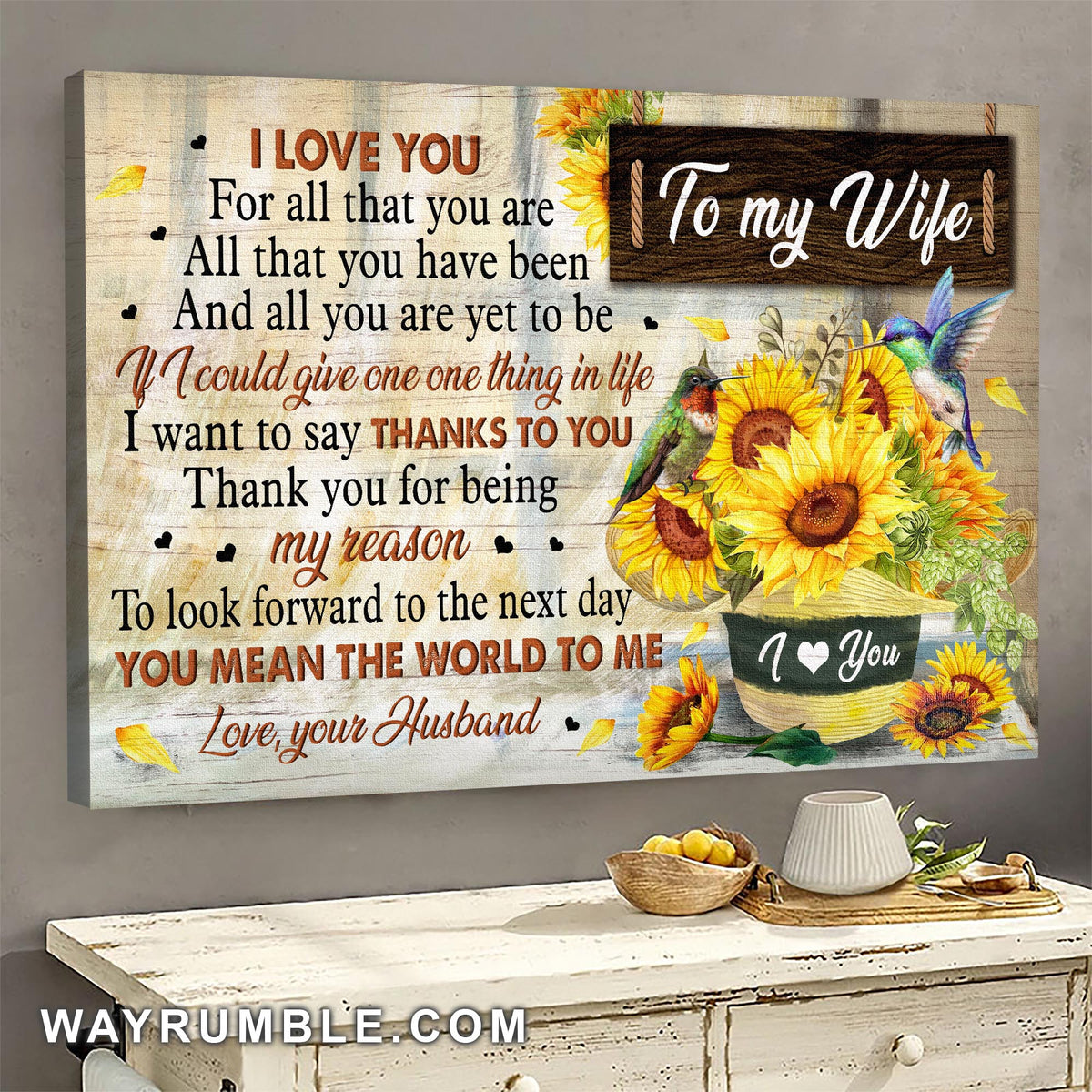 To my wife, Hummingbird, Sunflower Hat, You mean the world to me - Couple Landscape Canvas Prints, Wall Art