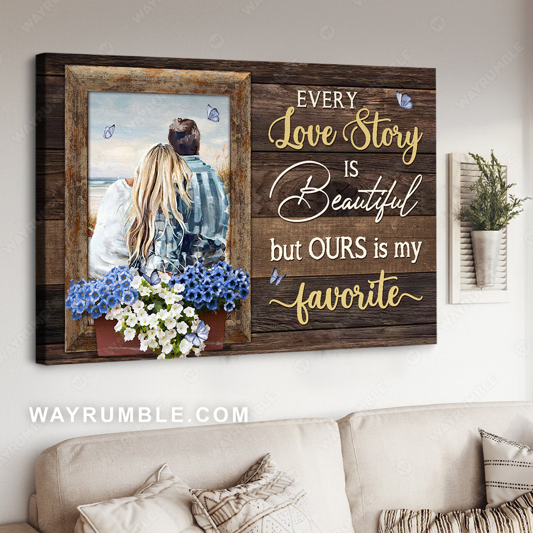 Watercolor couple, Blue daze flower, Butterfly, Every love story is beautiful - Couple Landscape Canvas Prints, Wall Art