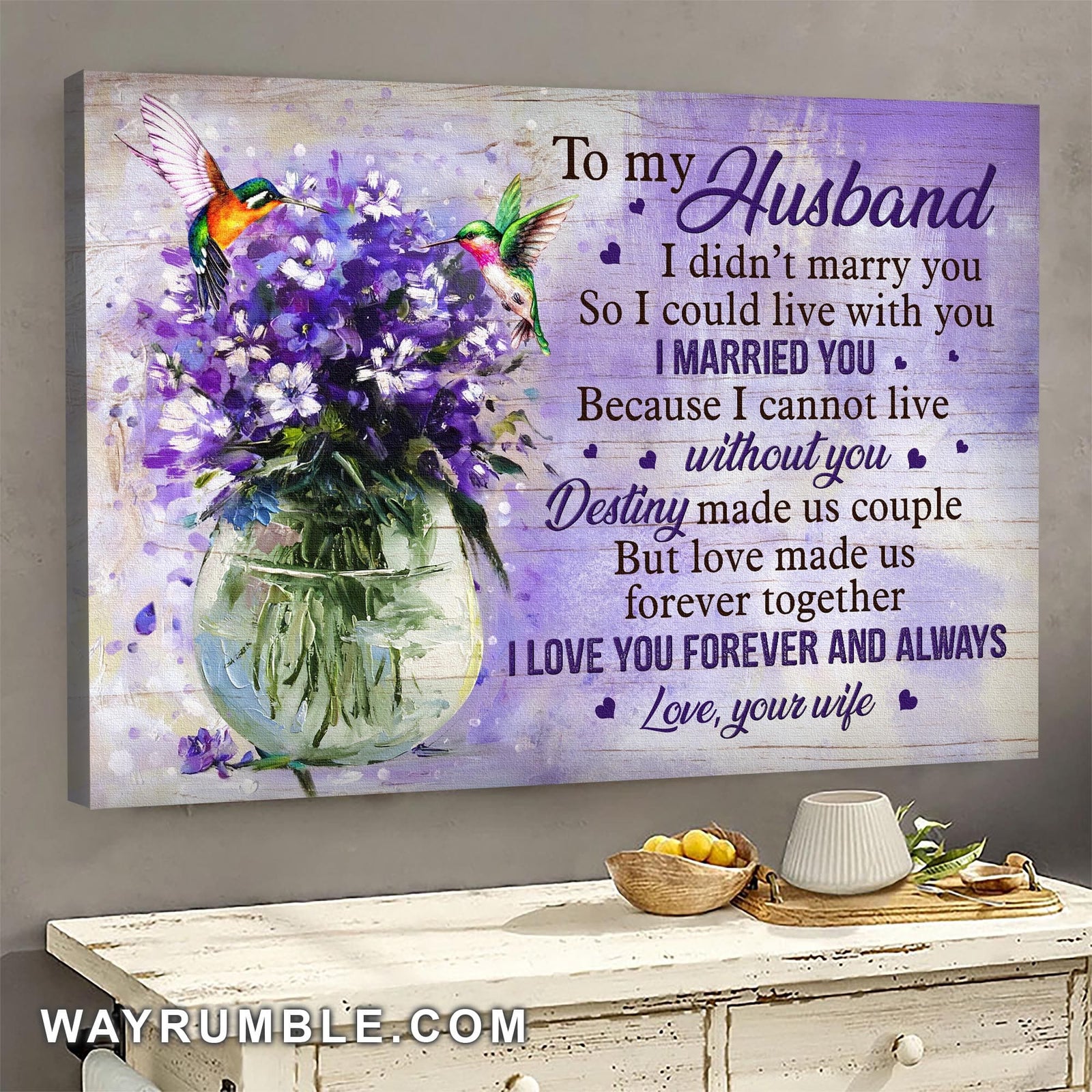 To my husband, Purple flower painting, Colorful hummingbird, I love you forever and always - Couple Landscape Canvas Prints, Wall Art