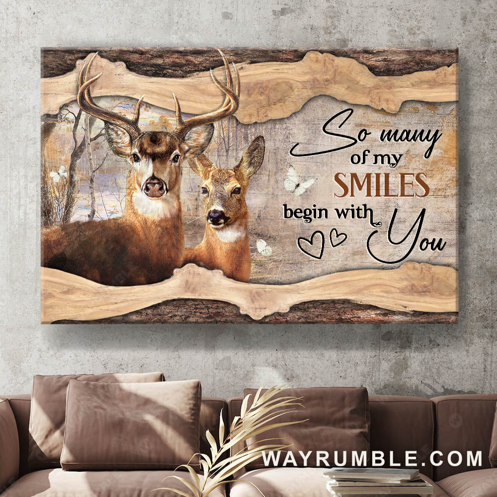 Deer painting, Winter forest So many of my smiles begin with you - Couple Landscape Canvas Prints, Wall Art