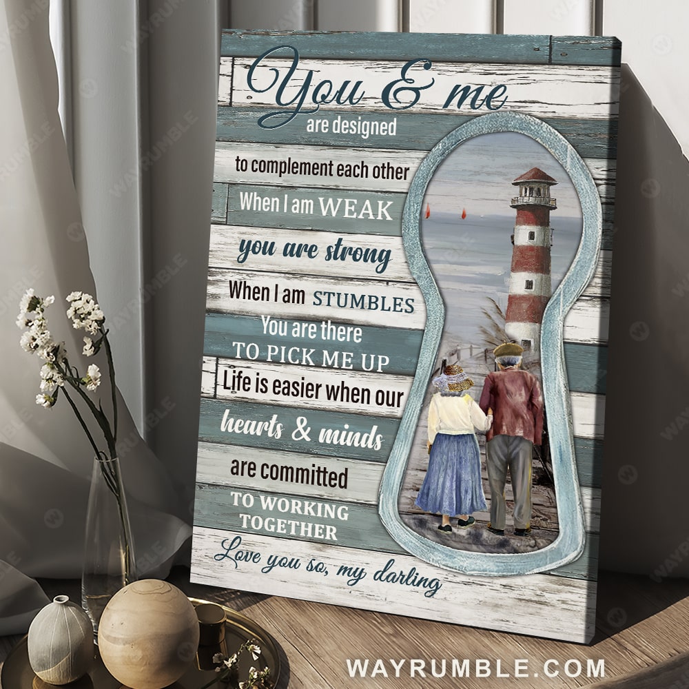 Lighthouse painting, Couple walking, Blue ocean, You and me are designed to complement each other - Couple Portrait Canvas Prints, Wall Art