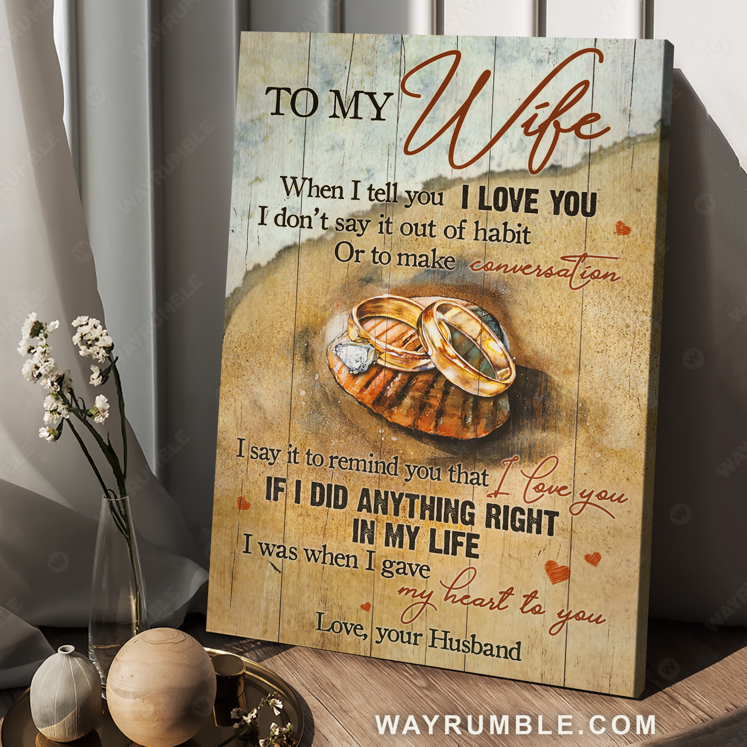 To my wife, Golden couple ring, Beautiful beach, When I tell you I love you - Couple Portrait Canvas Prints, Wall Art