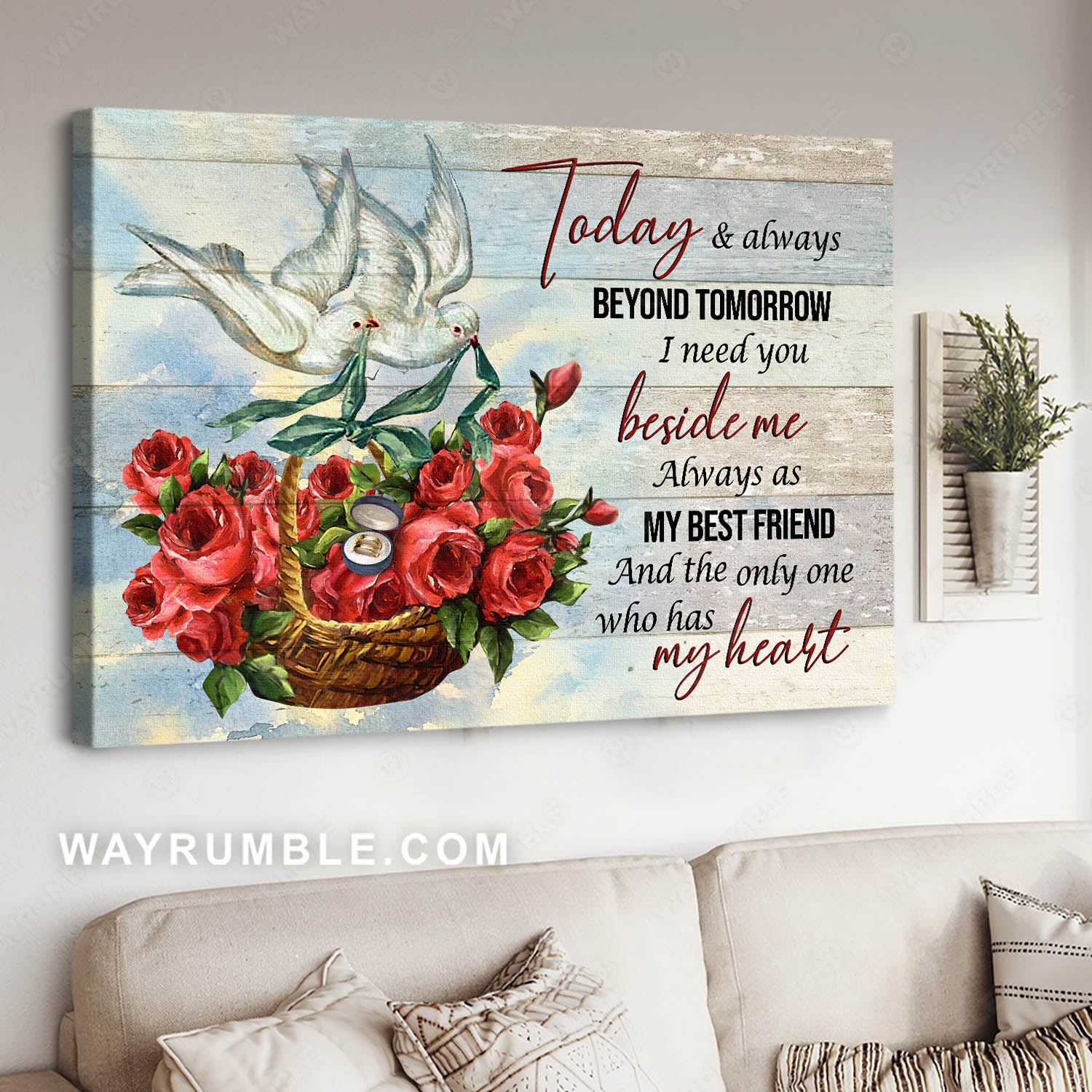 Dove couple, Rose painting, Beautiful rings, Today and always beyond tomorrow - Couple Landscape Canvas Prints, Wall Art