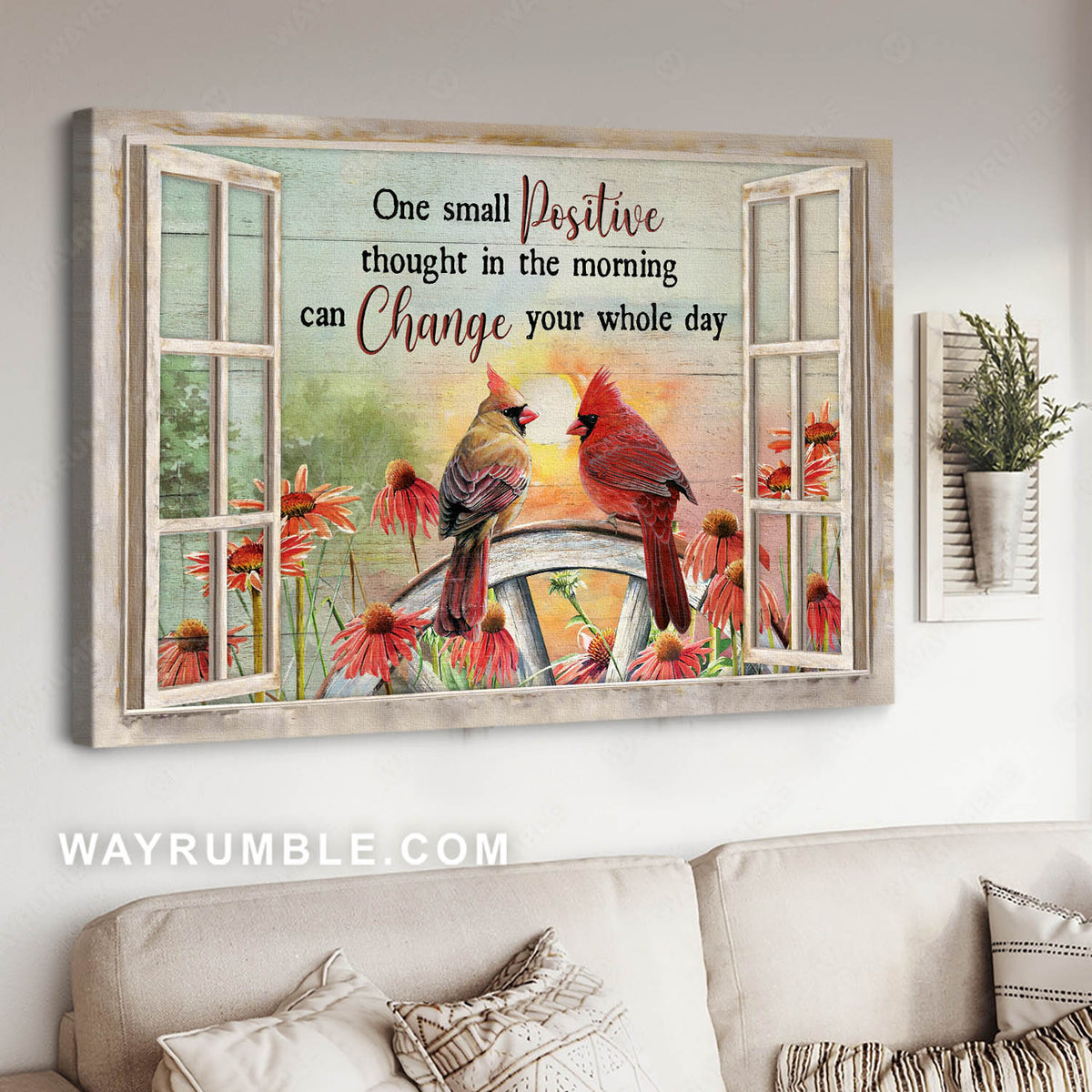 Red cardinal, Yellow cardinal, Red daisy, One small positive thought - Couple Landscape Canvas Prints, Wall Art