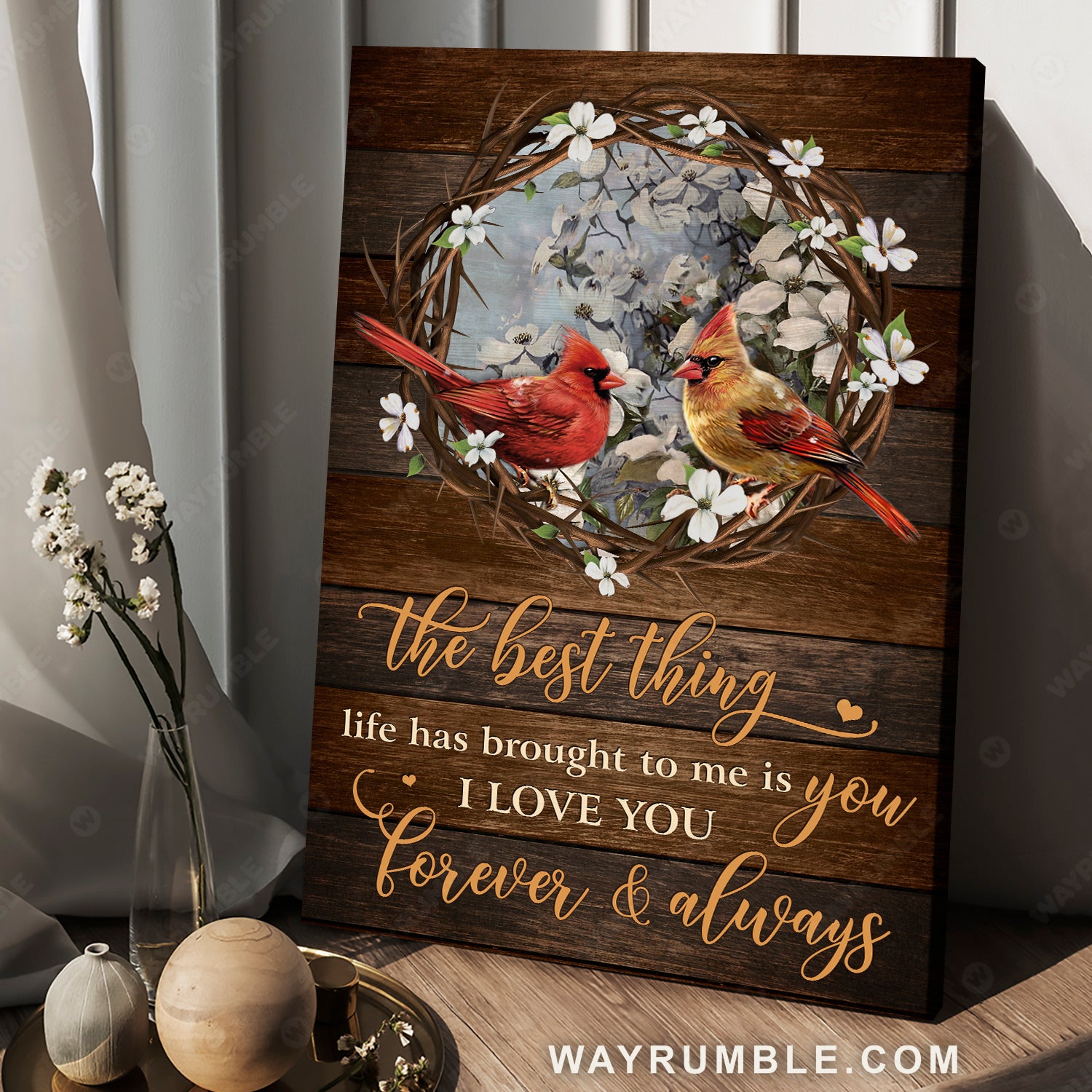Vintage painting, Thorn wreath, Cardinal couple, Jasmine flower, I love you forever and always - Couple Portrait Canvas Prints, Wall Art