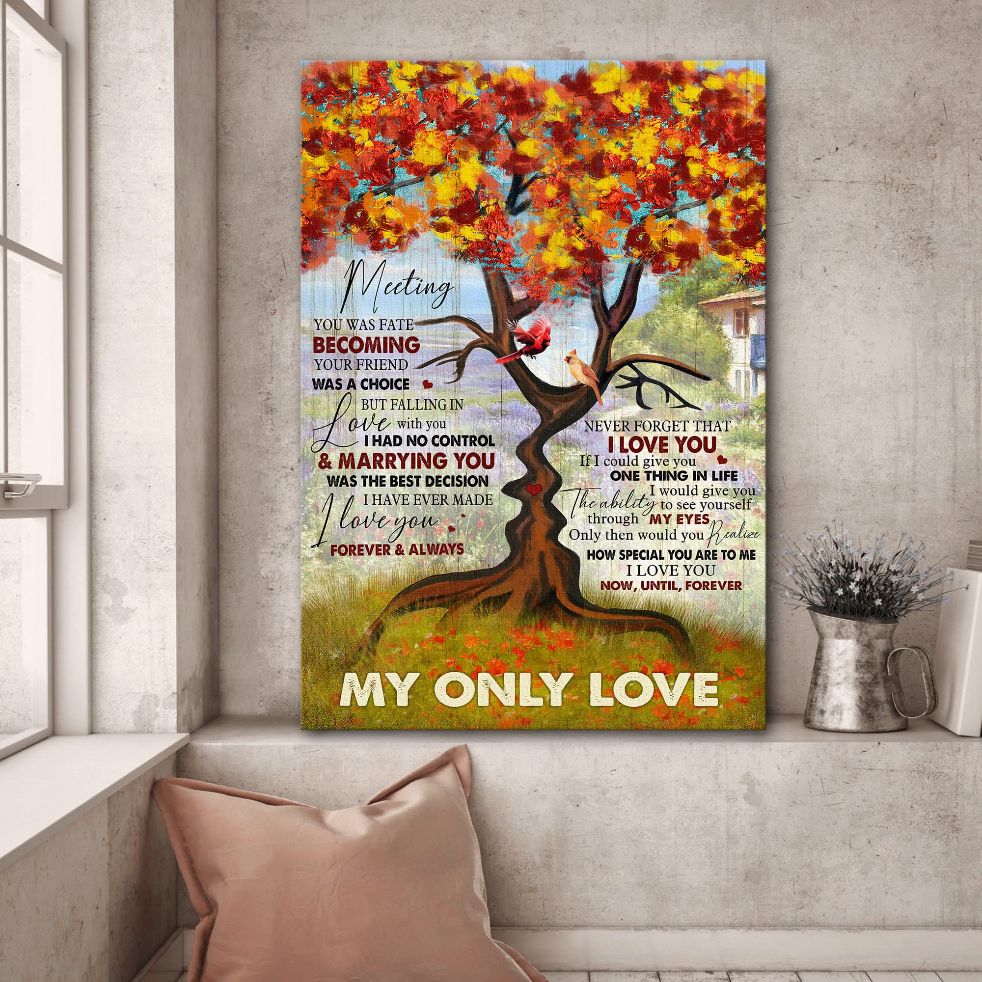 Cardinal couple, Autumn tree, In the garden, Marrying you was the best decision I have ever made - Couple Portrait Canvas Prints, Wall Art