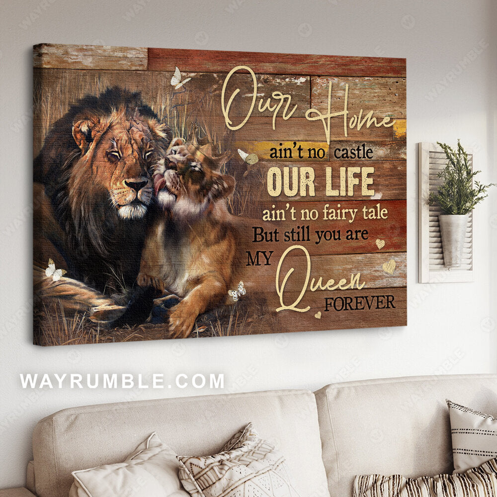 Beautiful lion drawing, Gold crown, Rice field, You are my queen forever - Couple Landscape Canvas Prints, Wall Art