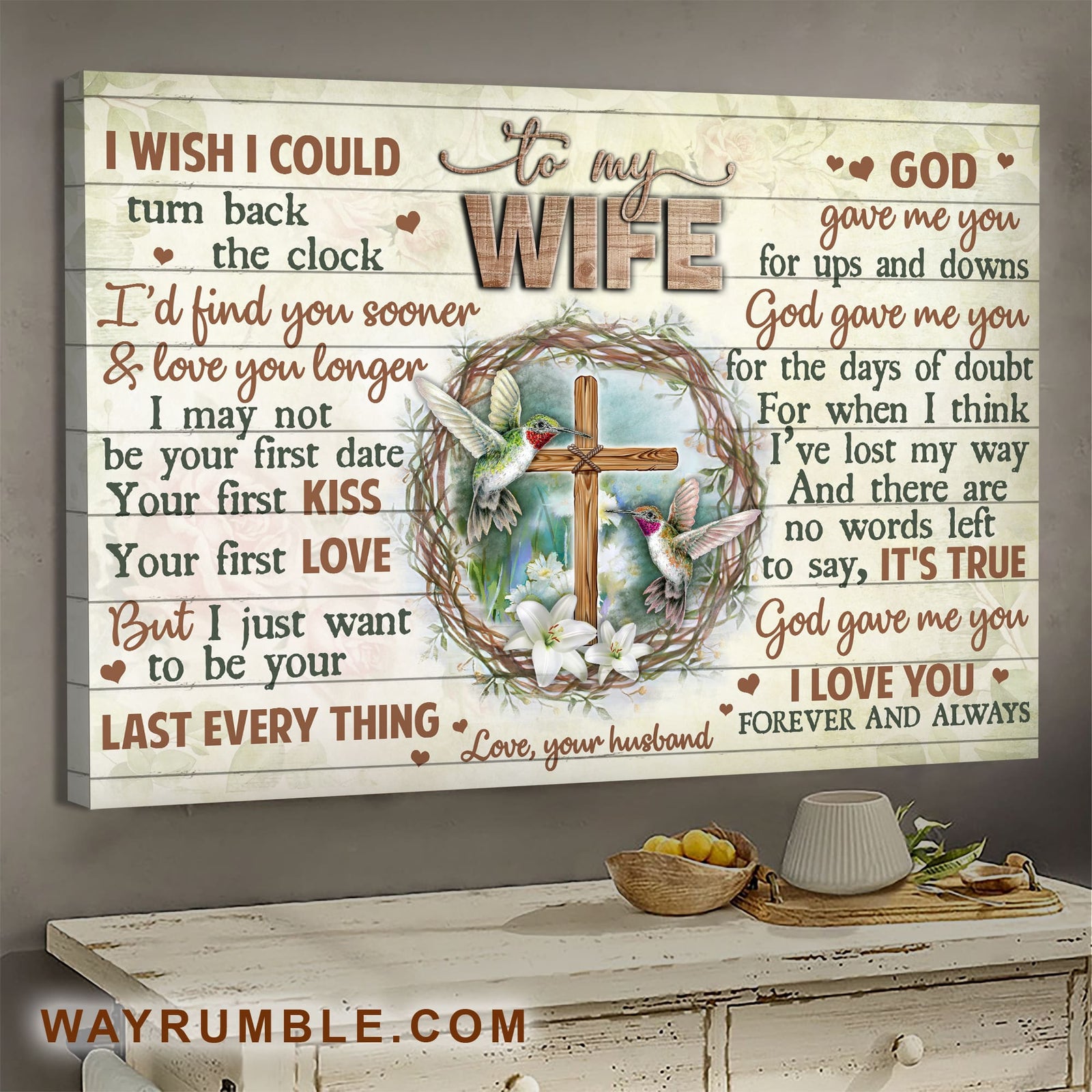 To my wife, Hummingbird, Wooden cross, God gave me you - Couple Landscape Canvas Prints, Wall Art