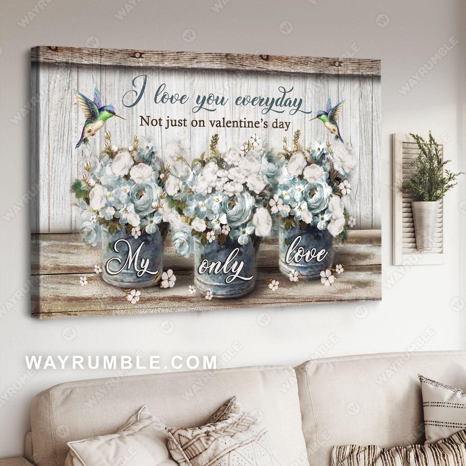 Vintage flower, Vintage painting, White flower, Hummingbird, I love you everyday - Couple Landscape Canvas Prints, Wall Art