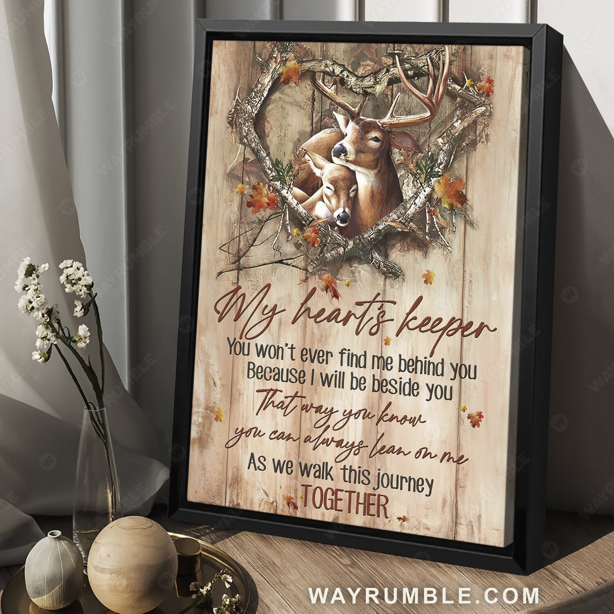 Brown deer drawing, Heart of thorn, Maple leave, Because I will be beside you - Couple Portrait Canvas Prints, Wall Art
