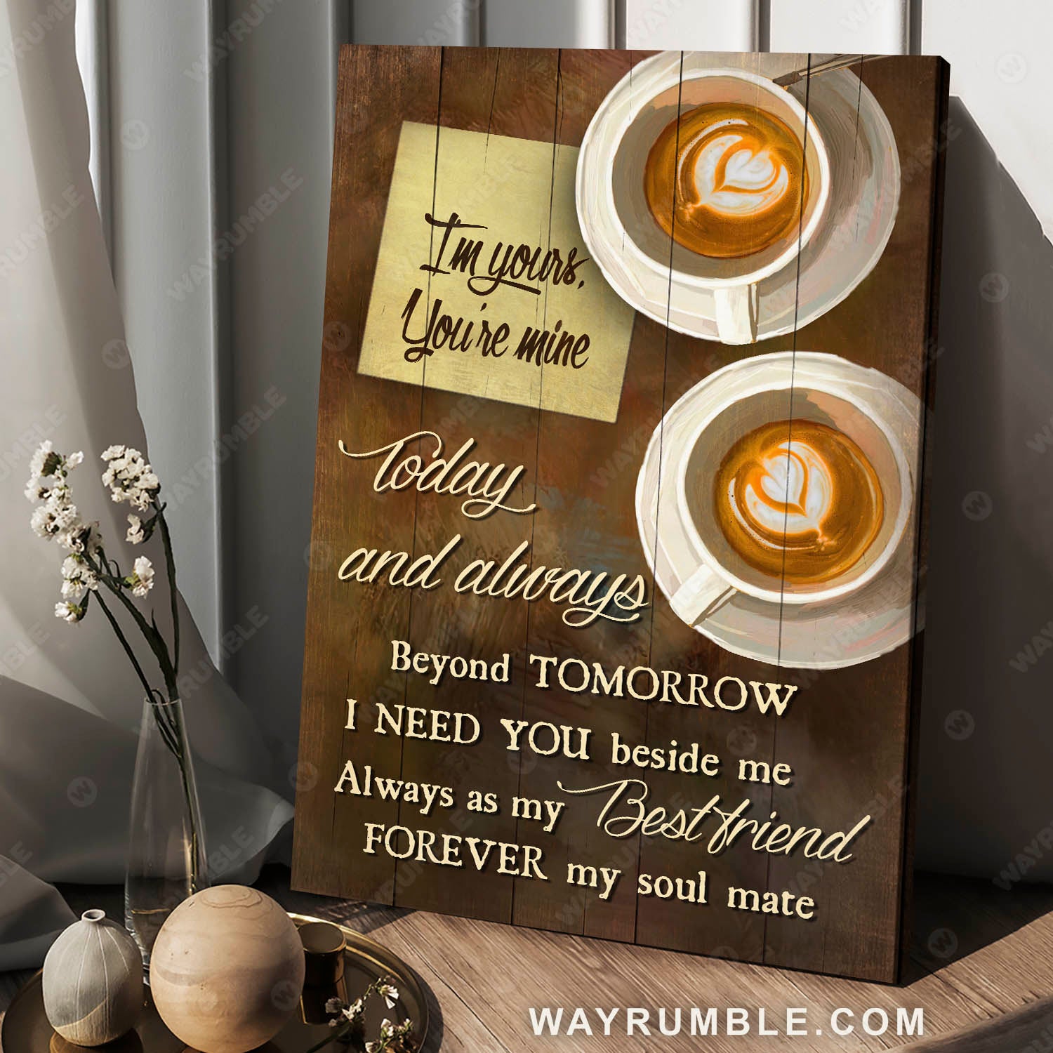 Coffee cup, Vintage painting, I need you beside me - Couple Portrait Canvas Prints, Wall Art