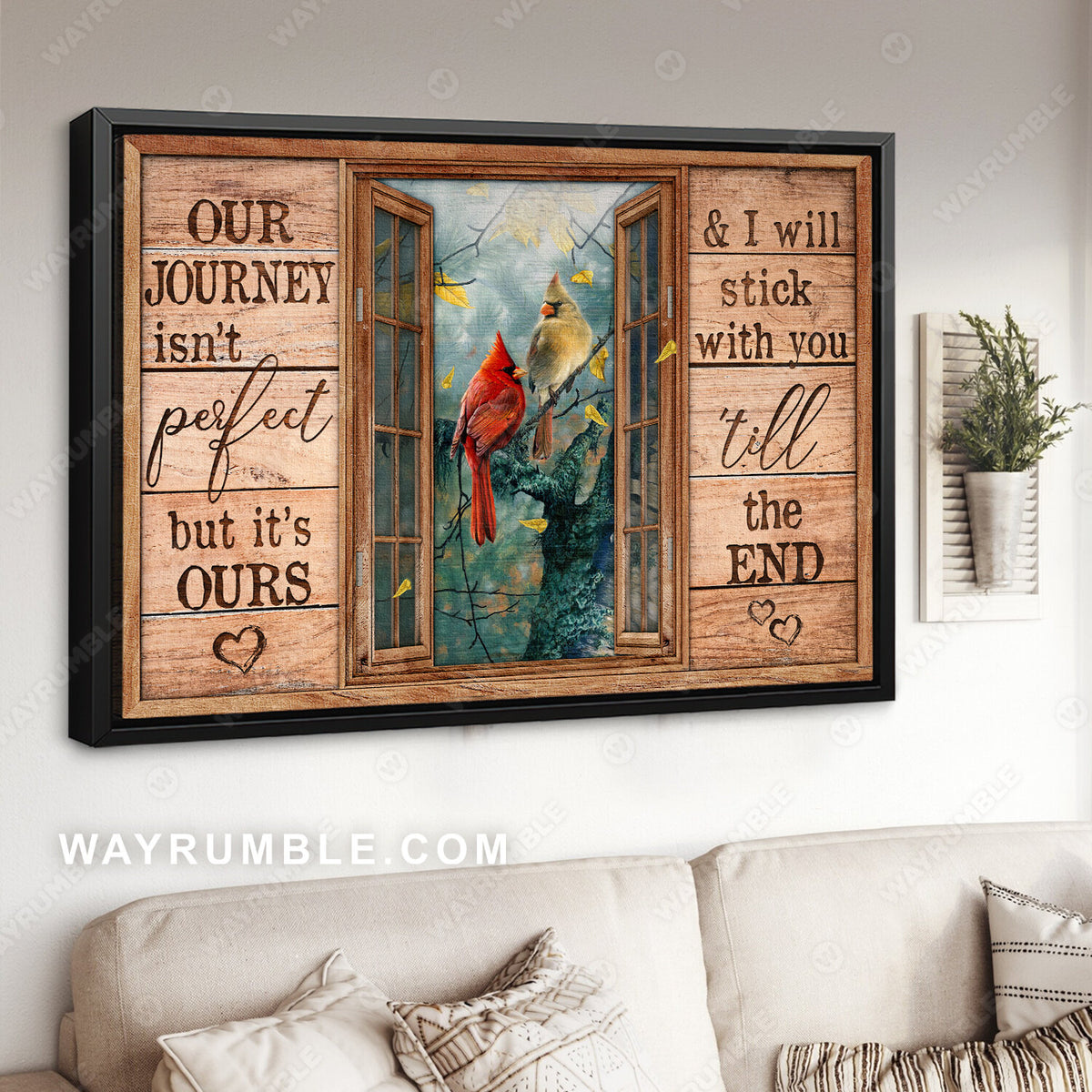 Cardinal drawing, Yellow leaf, Window, Our journey isn&#39;t perfect but it&#39;s ours - Couple Landscape Canvas Prints, Wall Art