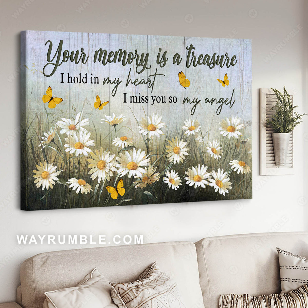 Daisy flower field, Yellow butterflies, Your memory is a treasure I hold in my heart - Heaven Landscape Canvas Prints, Wall Art