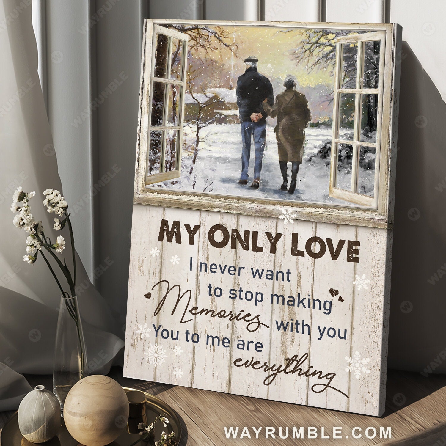 Old couple, Winter forest, Vintage window, I never want to stop making memories with you - Couple Portrait Canvas Prints, Wall Art