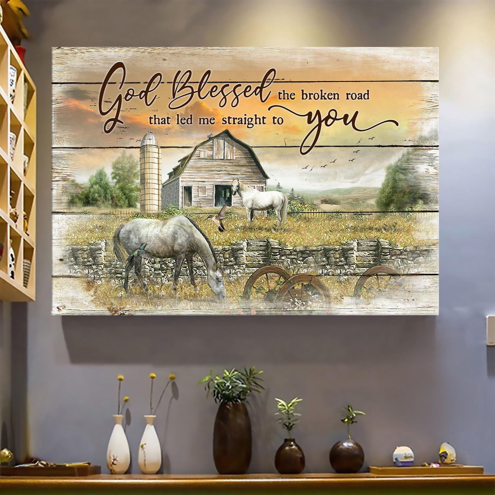 Tranquil farm, White horse, God blessed the broken road that led me to you - Couple Landscape Canvas Prints, Wall Art