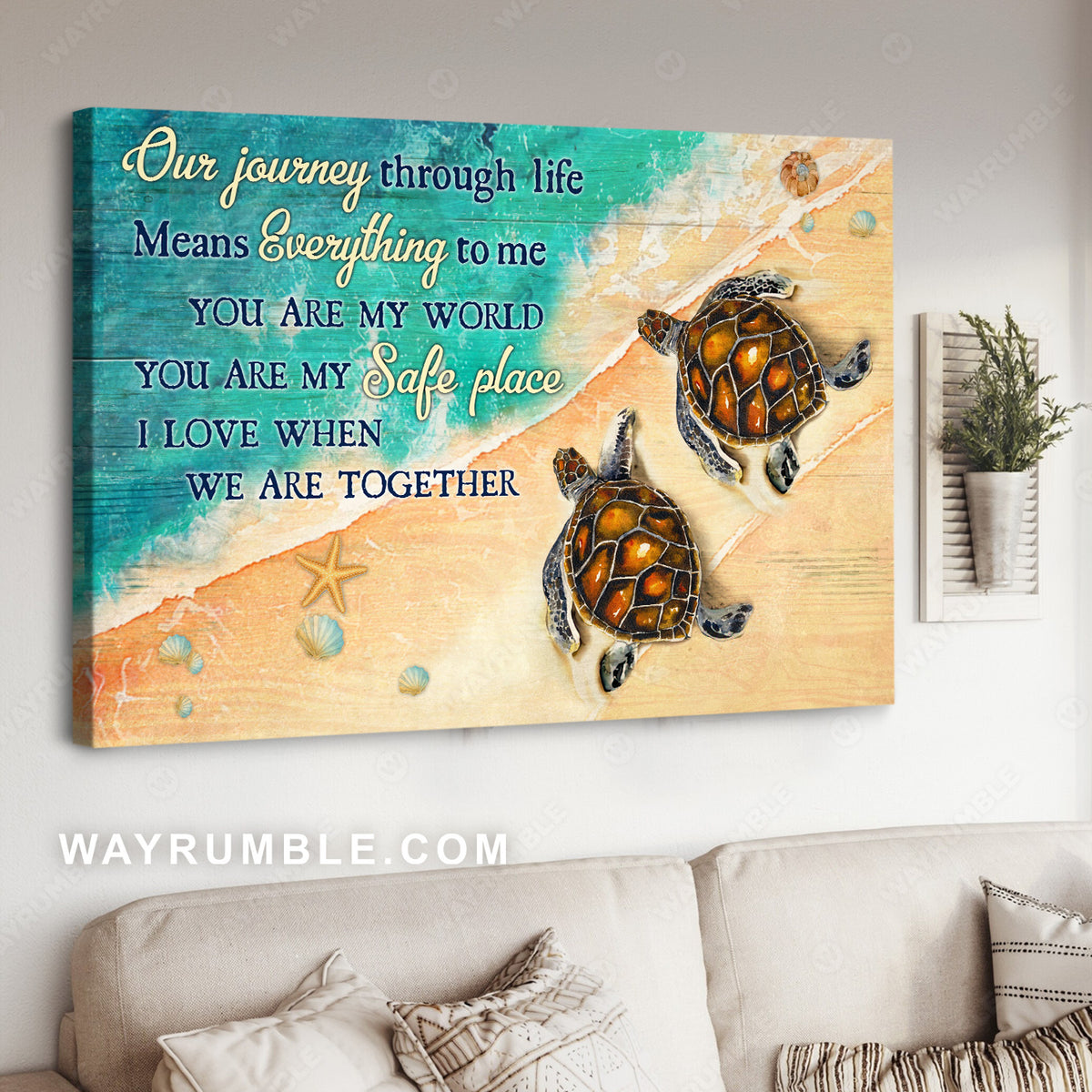 Sea turtle, On the beach, I love when we are together - Couple Landscape Canvas Prints, Wall Art