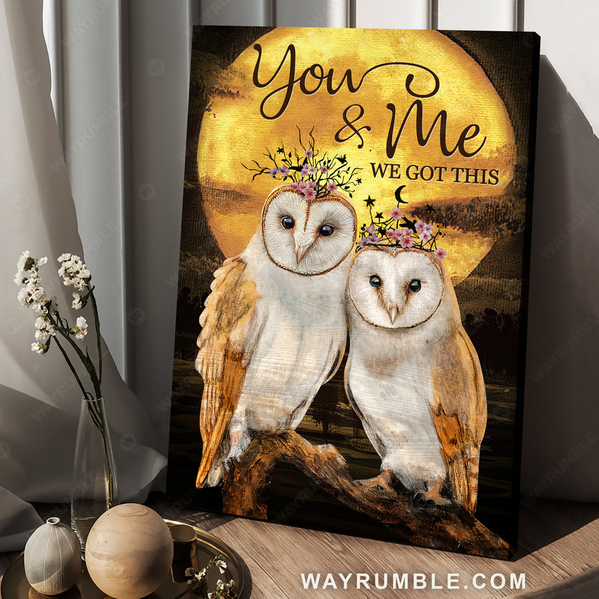 Stunning owl, Big full moon, Flower wreath, You and me, We got this - Couple Portrait Canvas Prints, Home Decor Wall Art