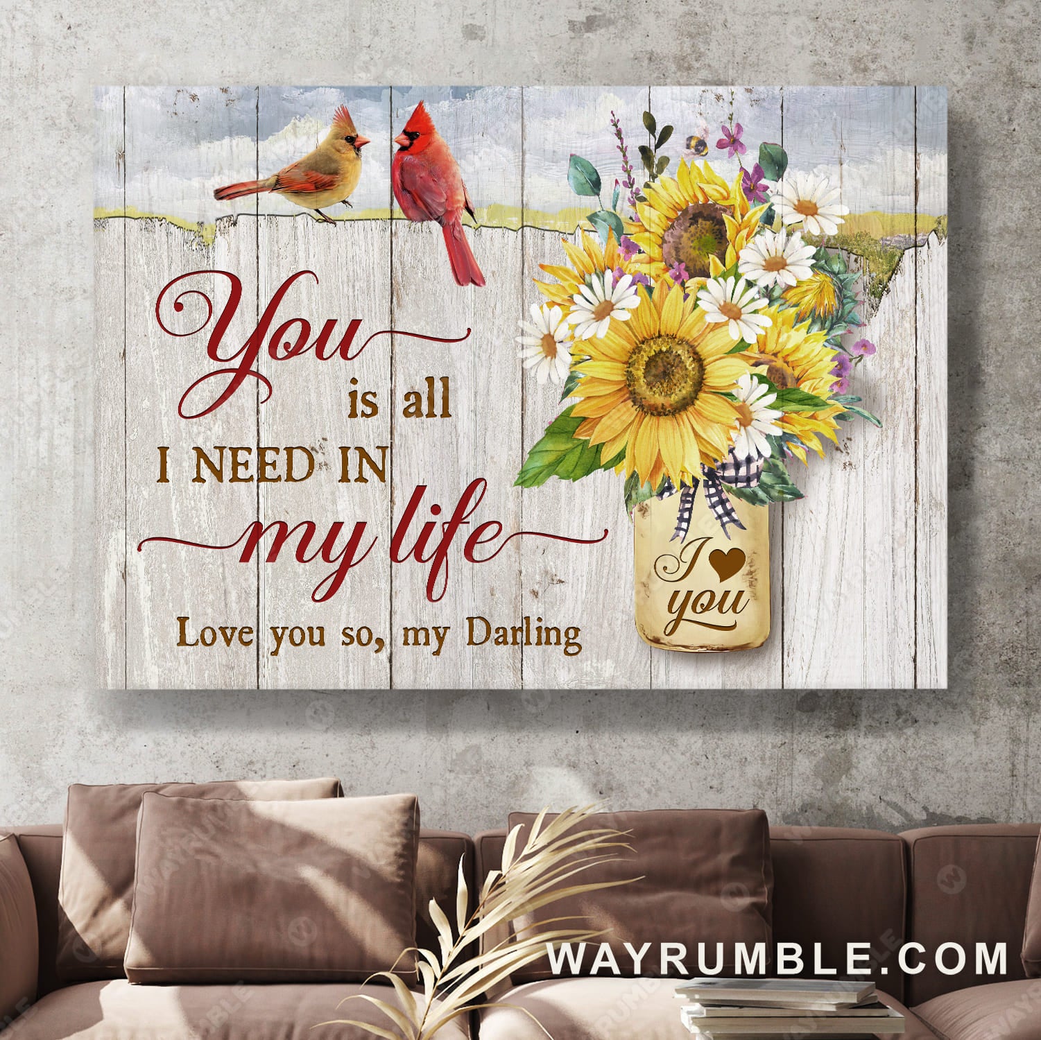 Cardinal painting, Amazing flower, Wooden fence, You is all I need in my life - Couple Landscape Canvas Prints, Wall Art