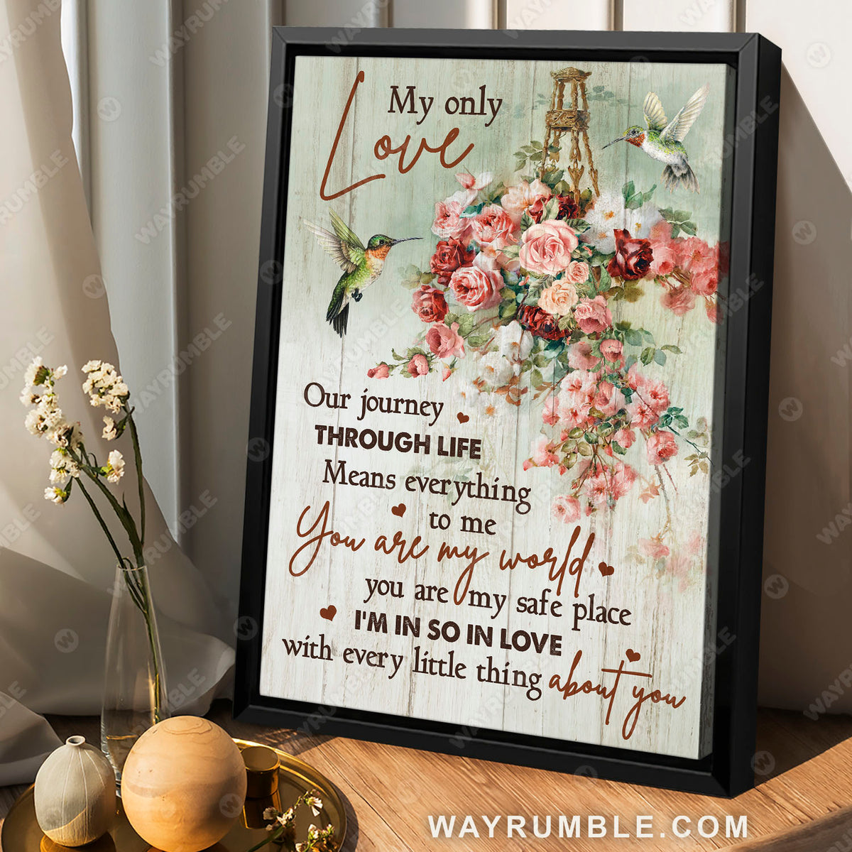 Hummingbird couple, Beautiful rose flower, You are my world - Couple Portrait Canvas Prints, Wall Art