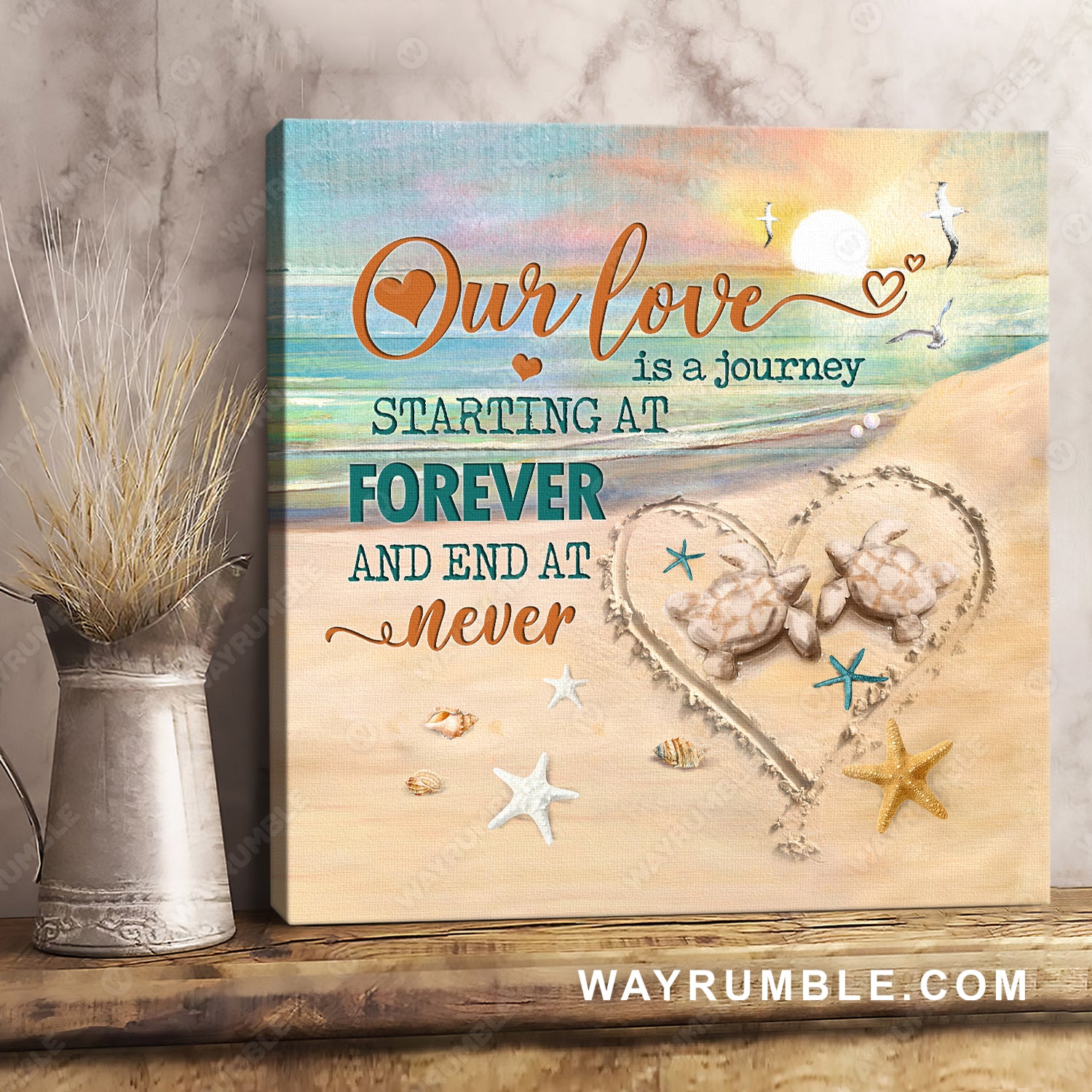 Sunset painting, Sunset on the beach, Sand turtle, Our love is a journey starting at forever and end at never - Couple Square Canvas Prints, Wall Art