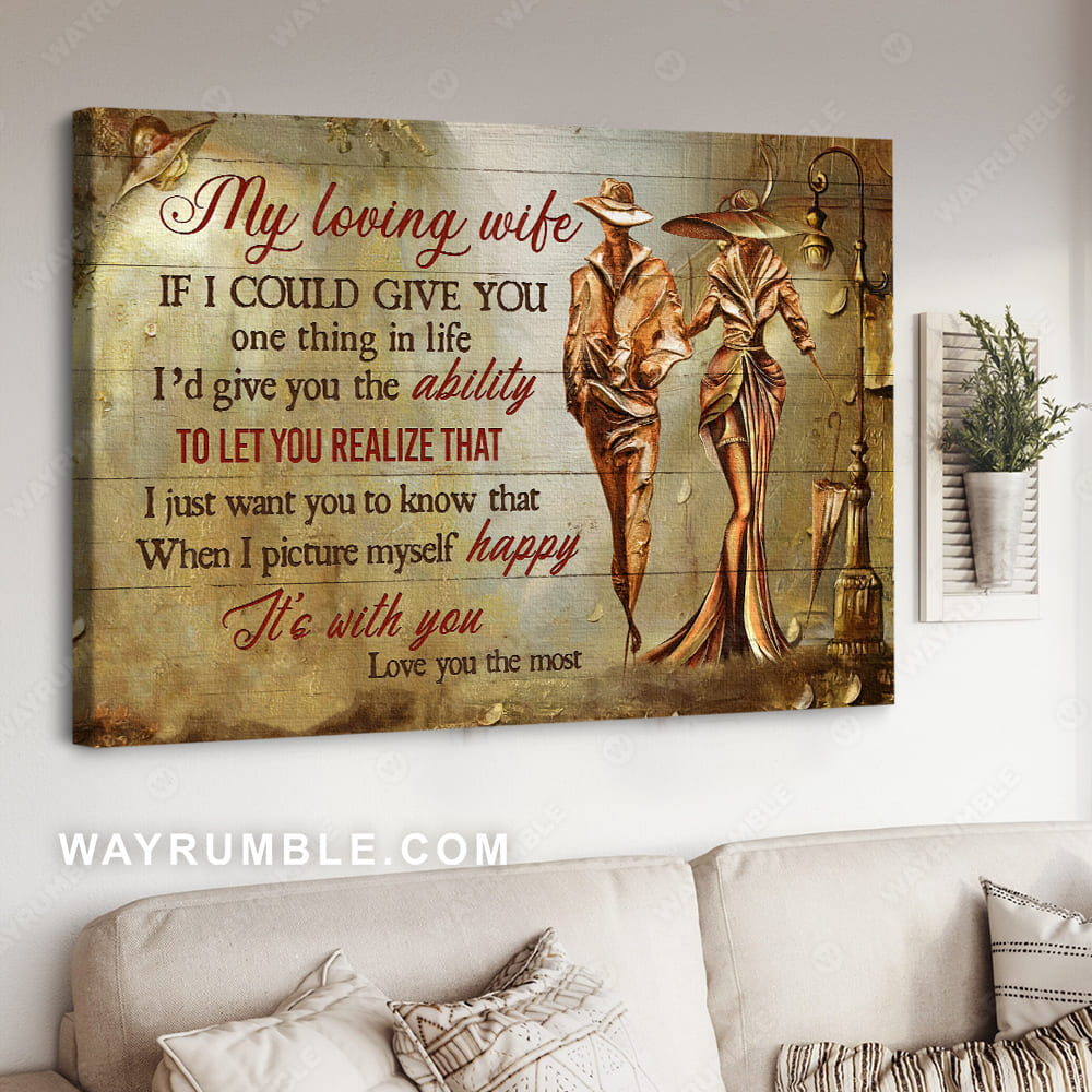 To my wife, Bronze statue, Rainy night, When I picture myself happy, It&#39;s with you - Couple Landscape Canvas Prints, Wall Art