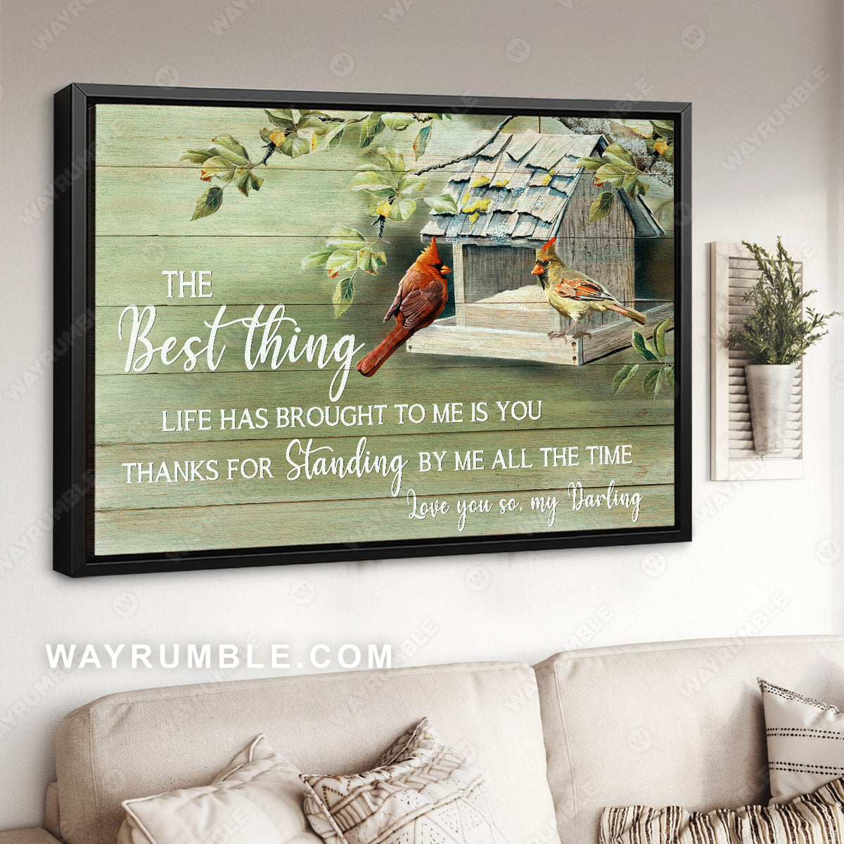 Cardinal couple, Bird house, Thank you for standing by me all the time - Couple Landscape Canvas Prints, Wall Art