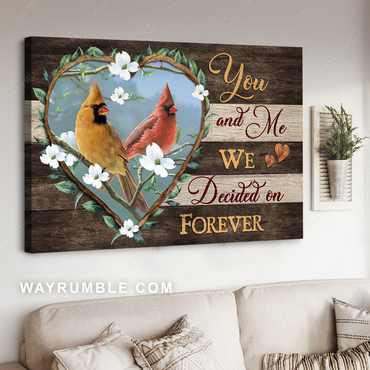 Cardinal Couple, Heart shape wreath, We decided on forever - Couple Landscape Canvas Prints, Wall Art