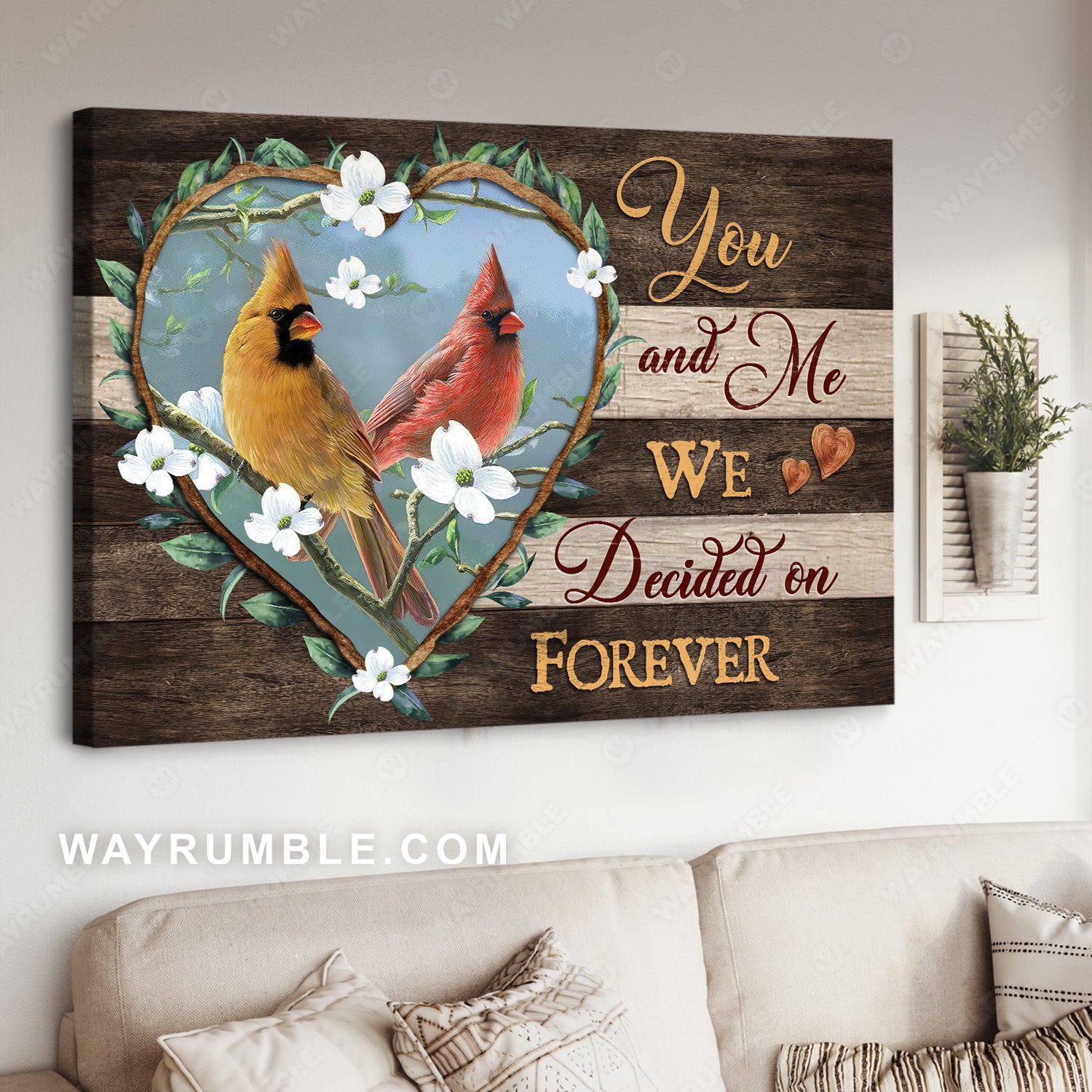 Cardinal Couple, Heart shape wreath, We decided on forever - Couple Landscape Canvas Prints, Wall Art