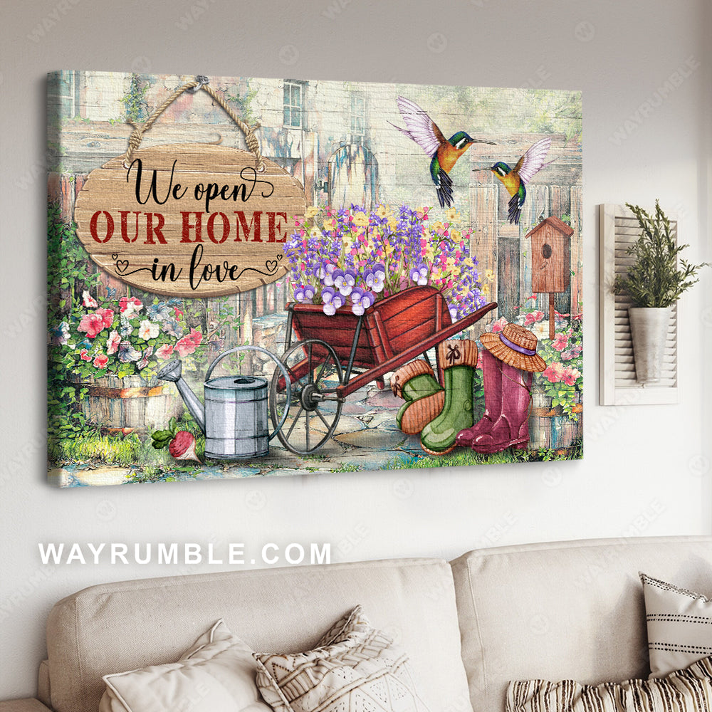 Flower garden, Hummingbird, Flower painting, We open our home in love - Couple Landscape Canvas Prints, Wall Art