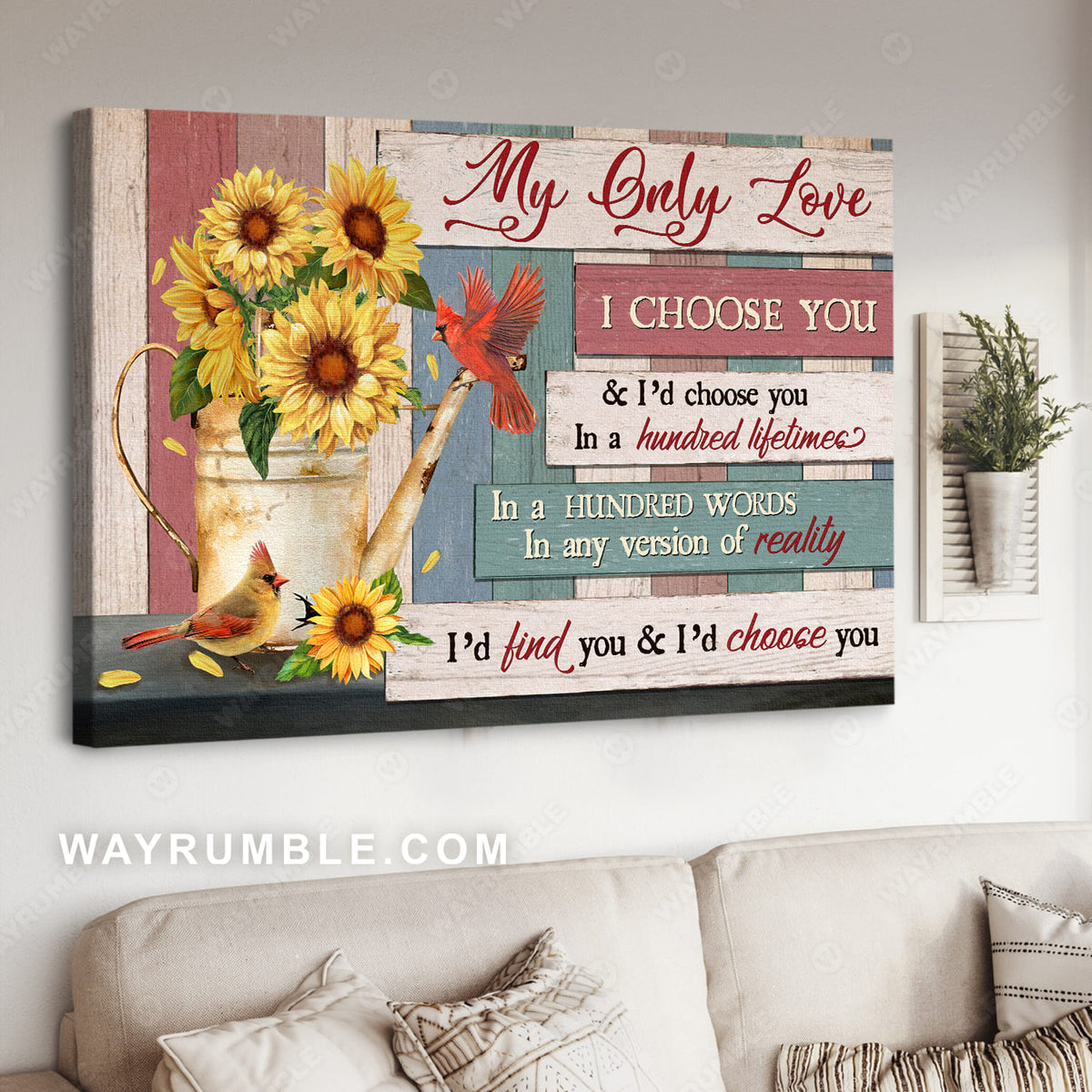 Sunflower drawing, Old vase, Red cardinal, I&#39;d choose you in a hundred lifetimes - Couple Landscape Canvas Prints, Wall Art